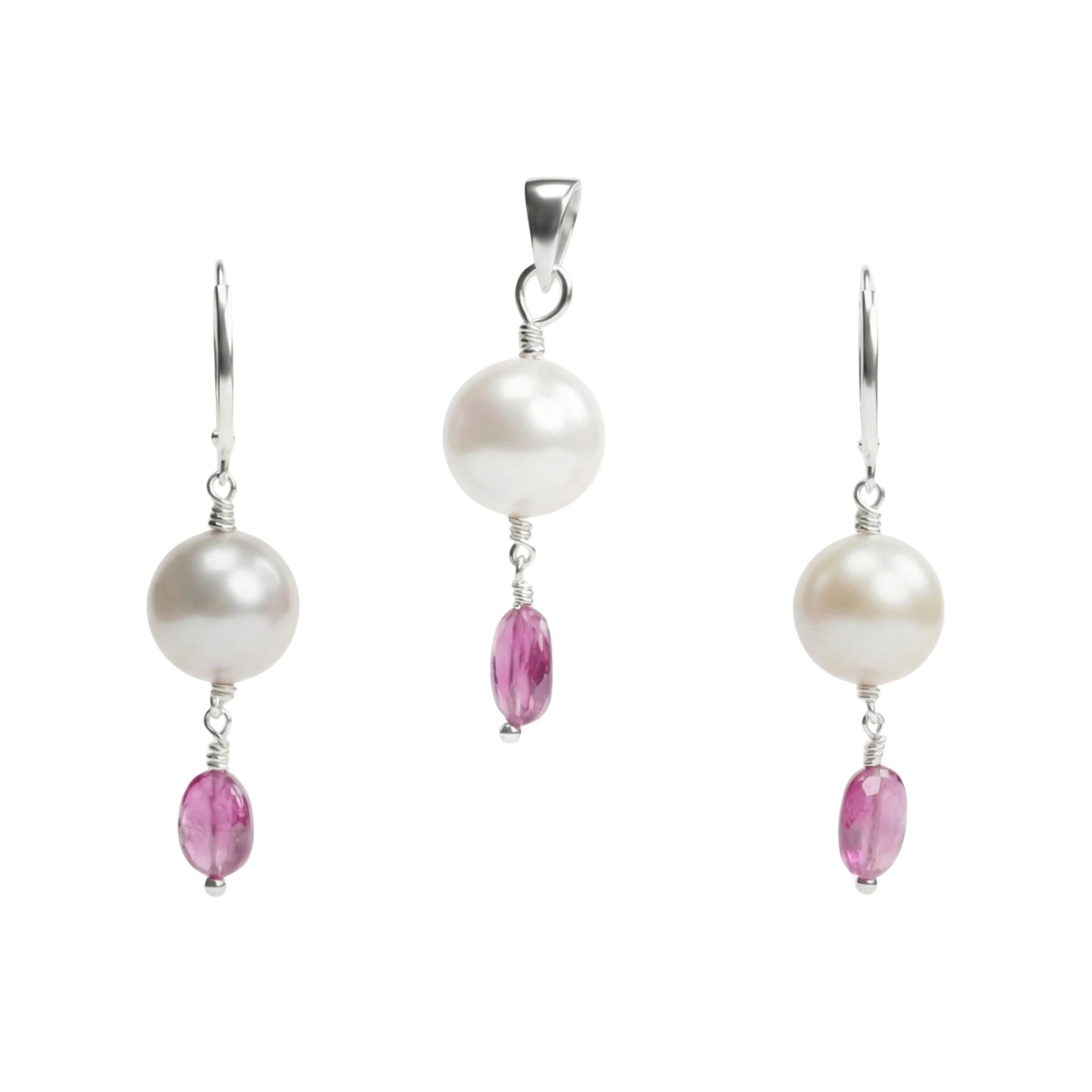 South Sea Pearl with Natural Ruby Earrings with Pendant Set in Silver thumbnail