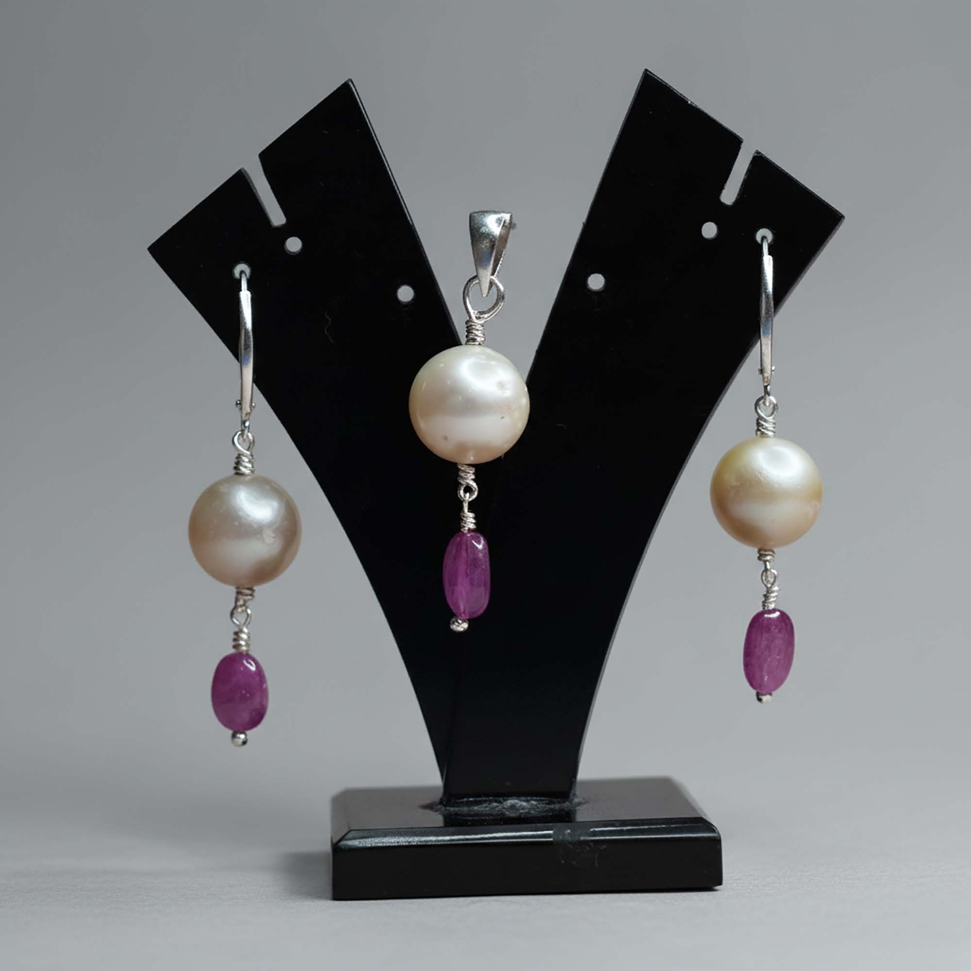 South Sea Pearl with Natural Ruby Earrings with Pendant Set in Silver thumbnail