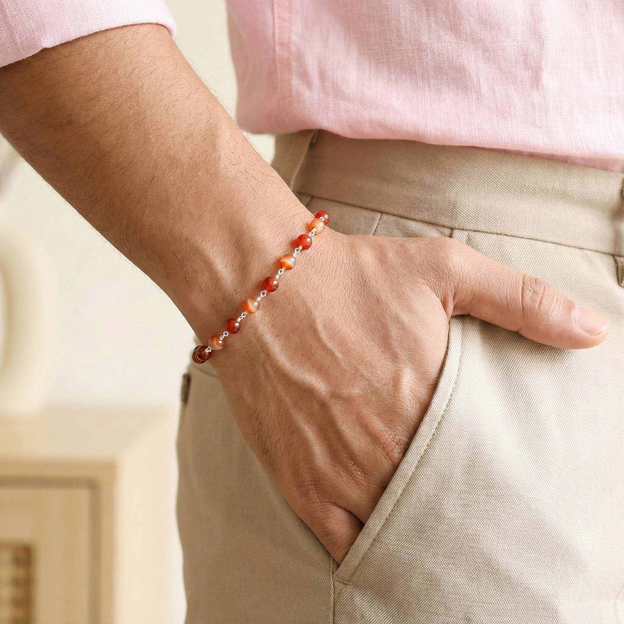 Aqeeq Round Beads Handmade Bracelet in Silver (Design K3-129) thumbnail