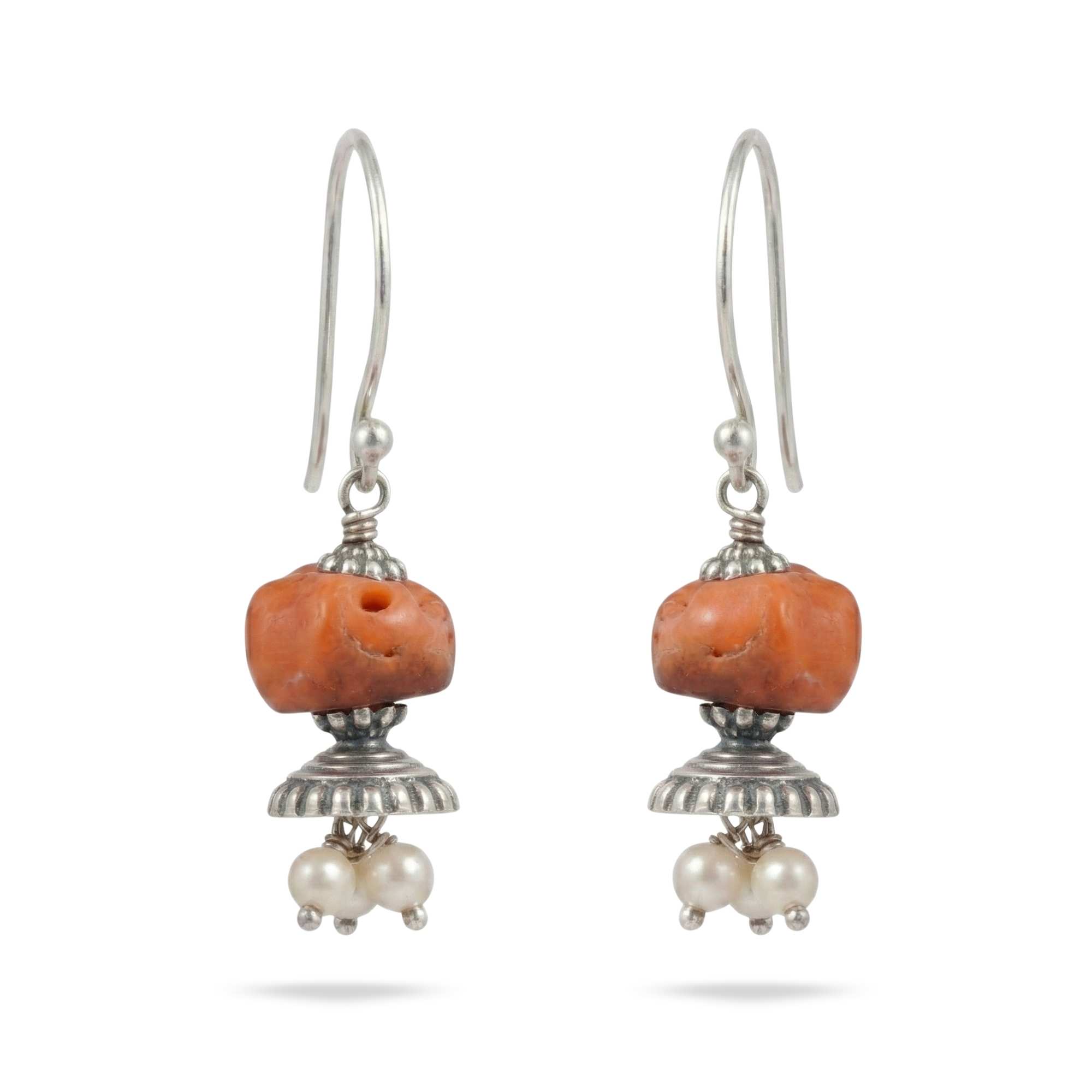 Silver Earing with Antique Coral and Freshwater Pearl – Earrings thumbnail