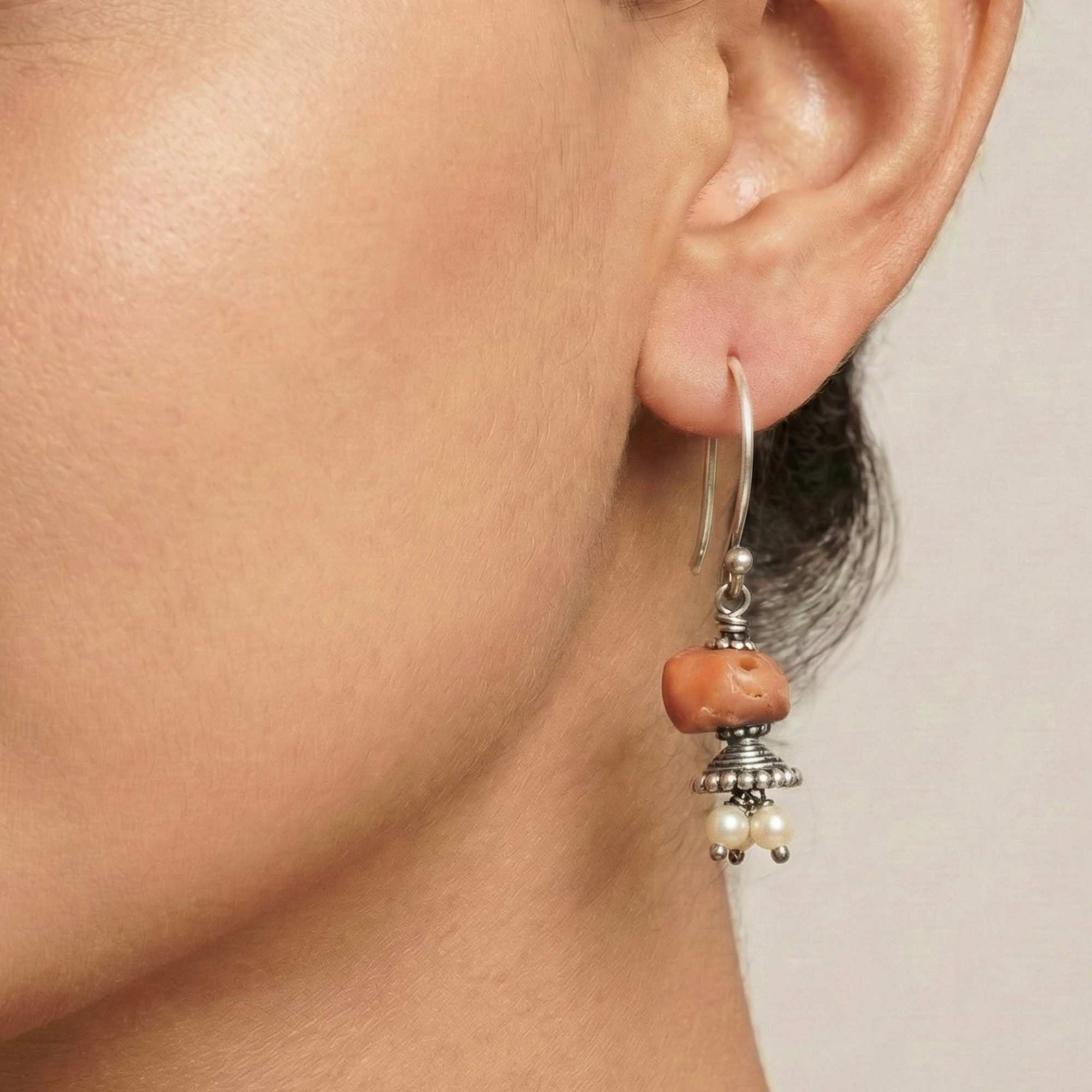 Silver Earing with Antique Coral and Freshwater Pearl – Earrings thumbnail