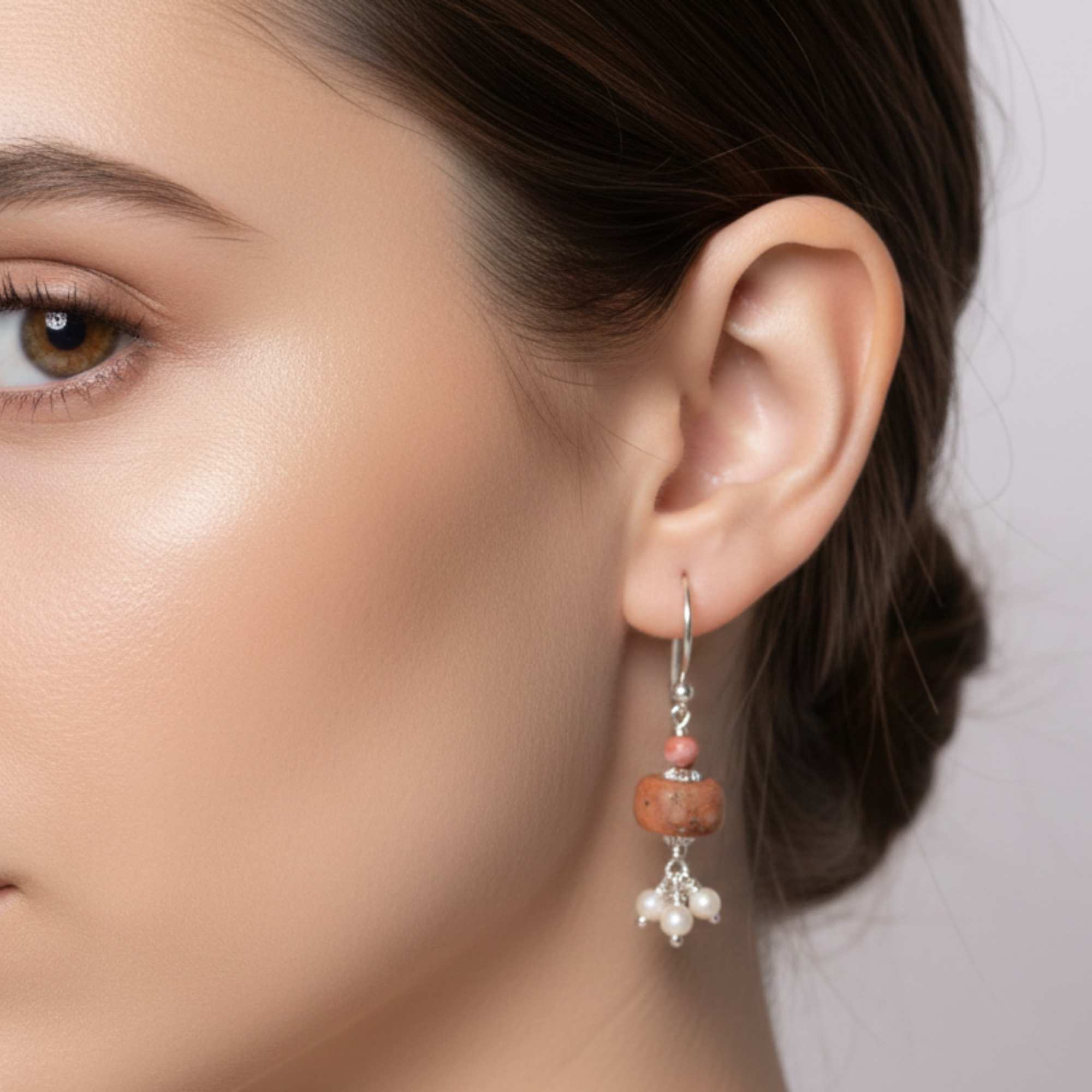 Silver Earing with Coral and Freshwater Pearl – Earrings (Design K4-148) thumbnail