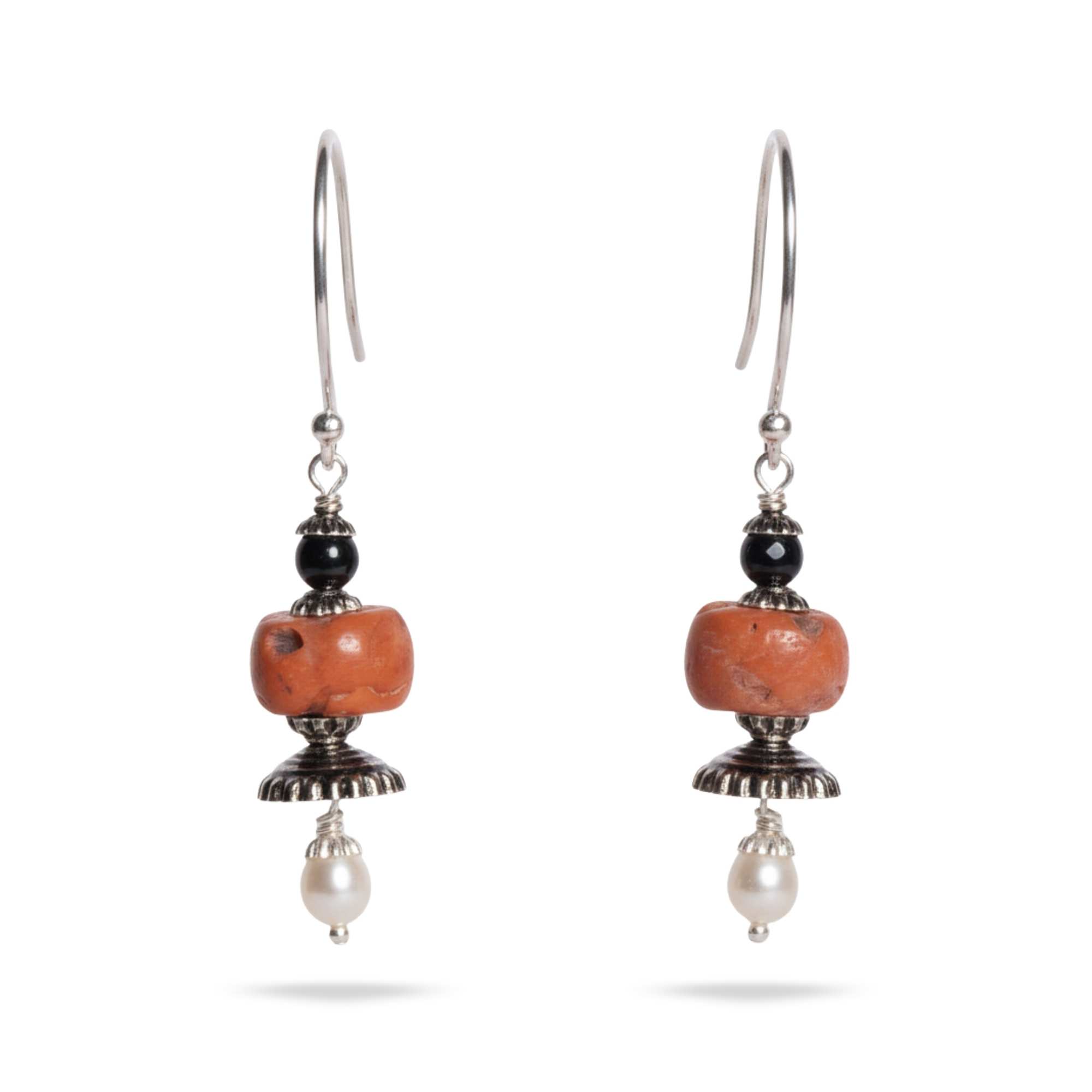 Silver Earing with Coral , Freshwater Pearl and Natural Beads – Earrings thumbnail