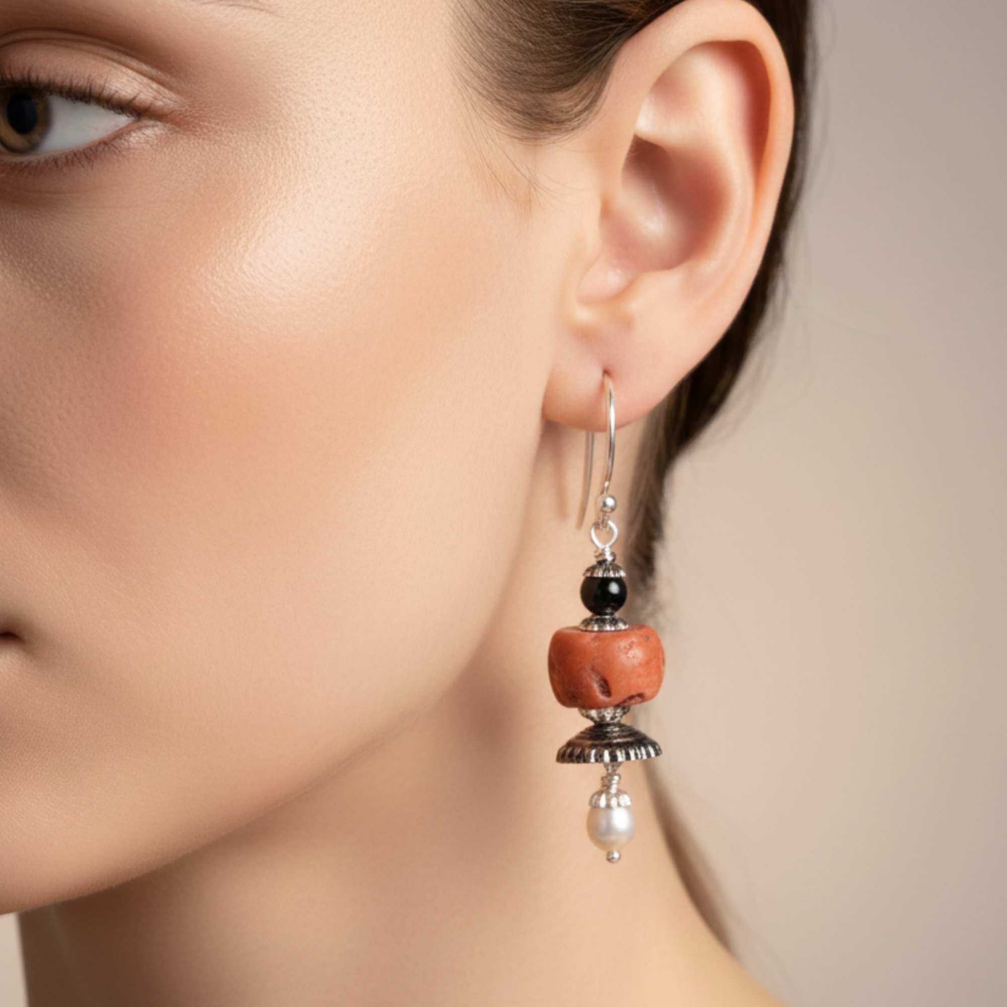Silver Earing with Coral , Freshwater Pearl and Natural Beads – Earrings thumbnail
