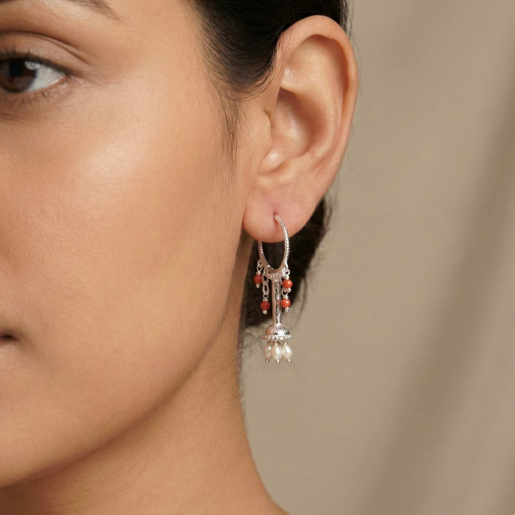 Silver Earing with Coral and Freshwater Pearl – Earrings (Design K4-31) thumbnail