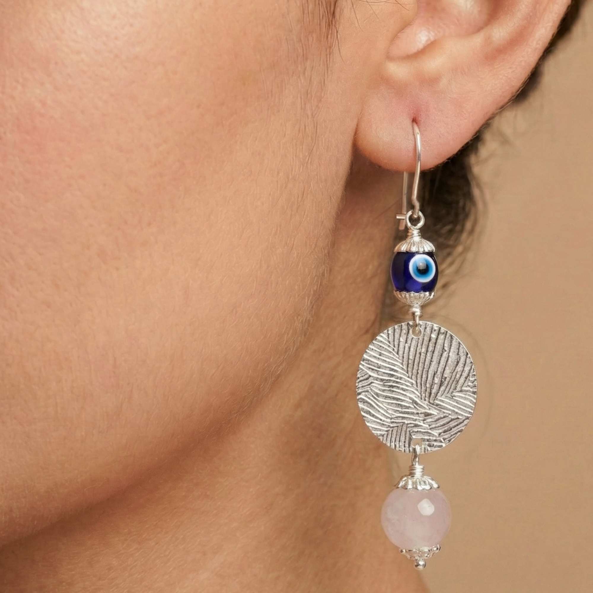 Silver Earing with Rose Quartz and Evil Eye – Earrings thumbnail