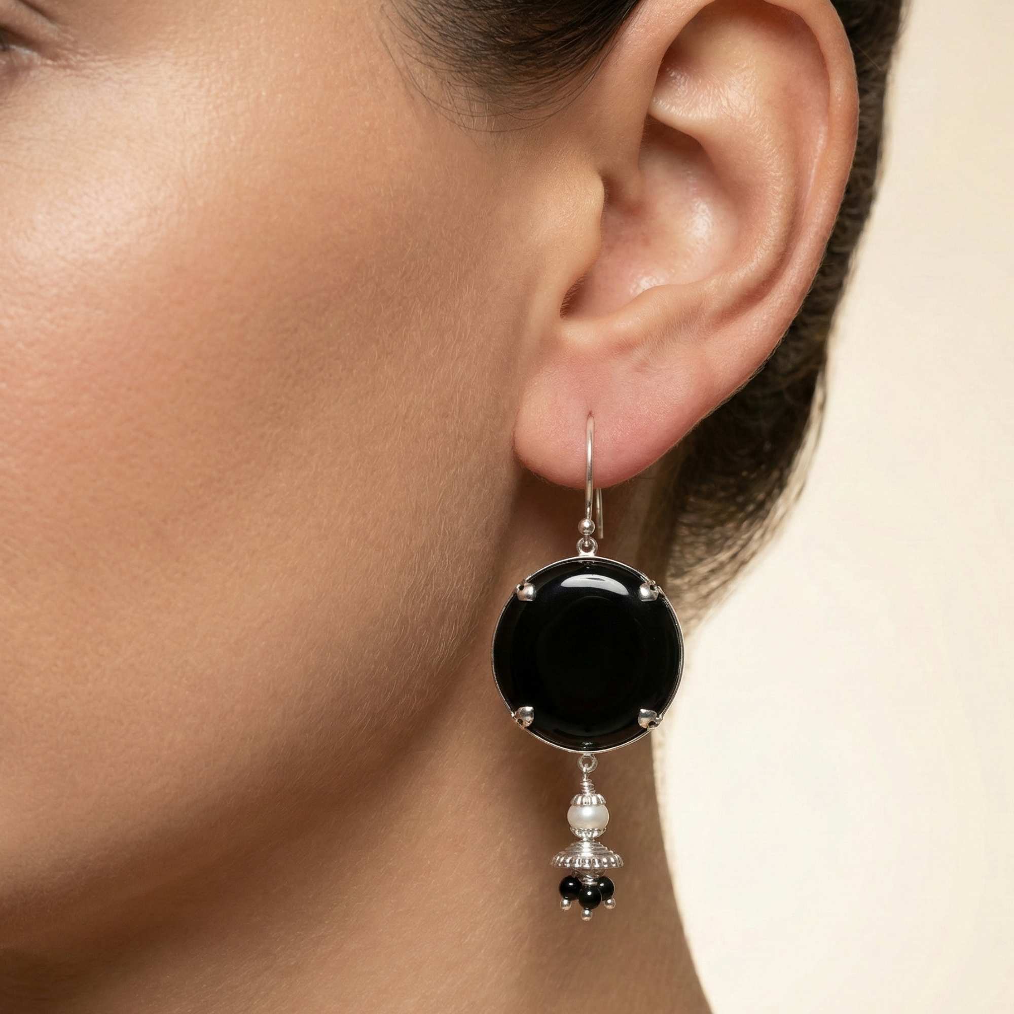 Silver Earing with Black Onyx , Freshwater Pearl and Natural Beads – Earrings thumbnail