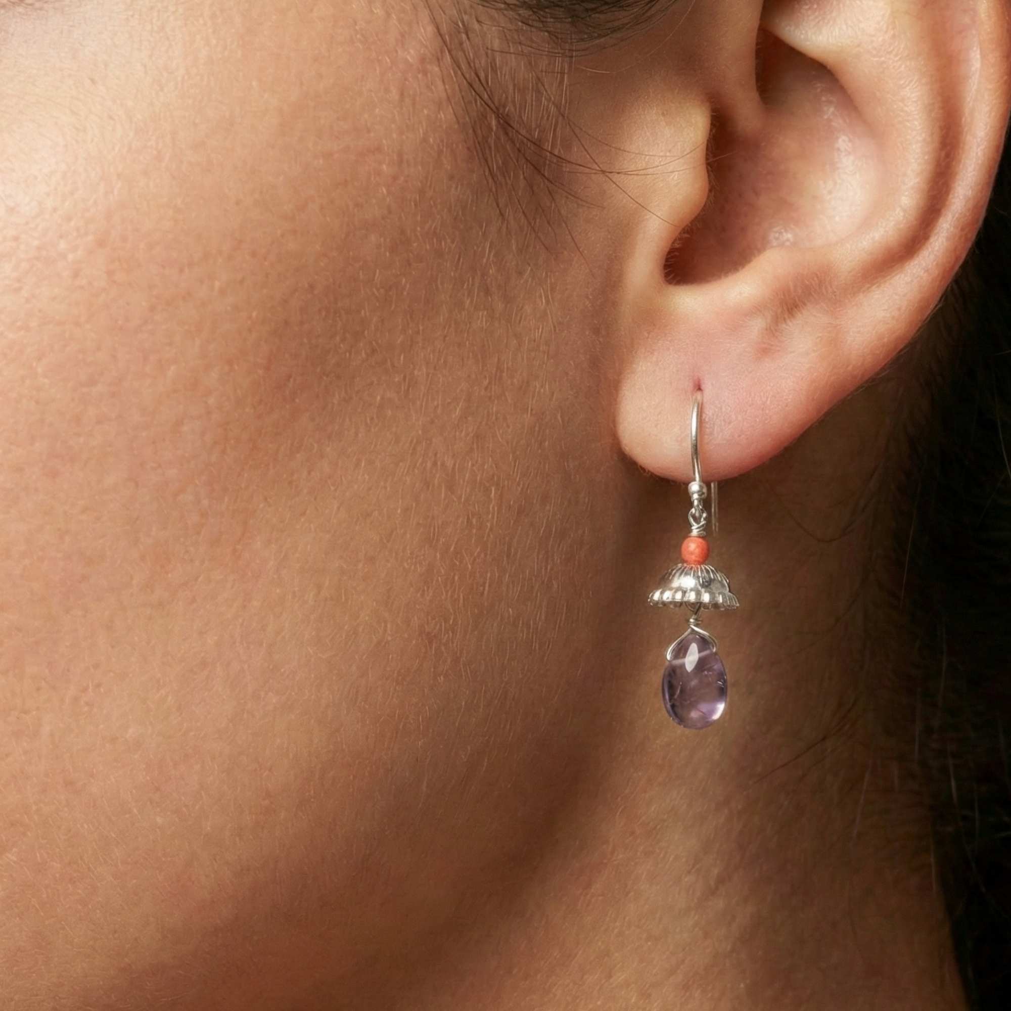 Silver Earing with Amethyst with Coral – Earrings (Design K4-94) thumbnail