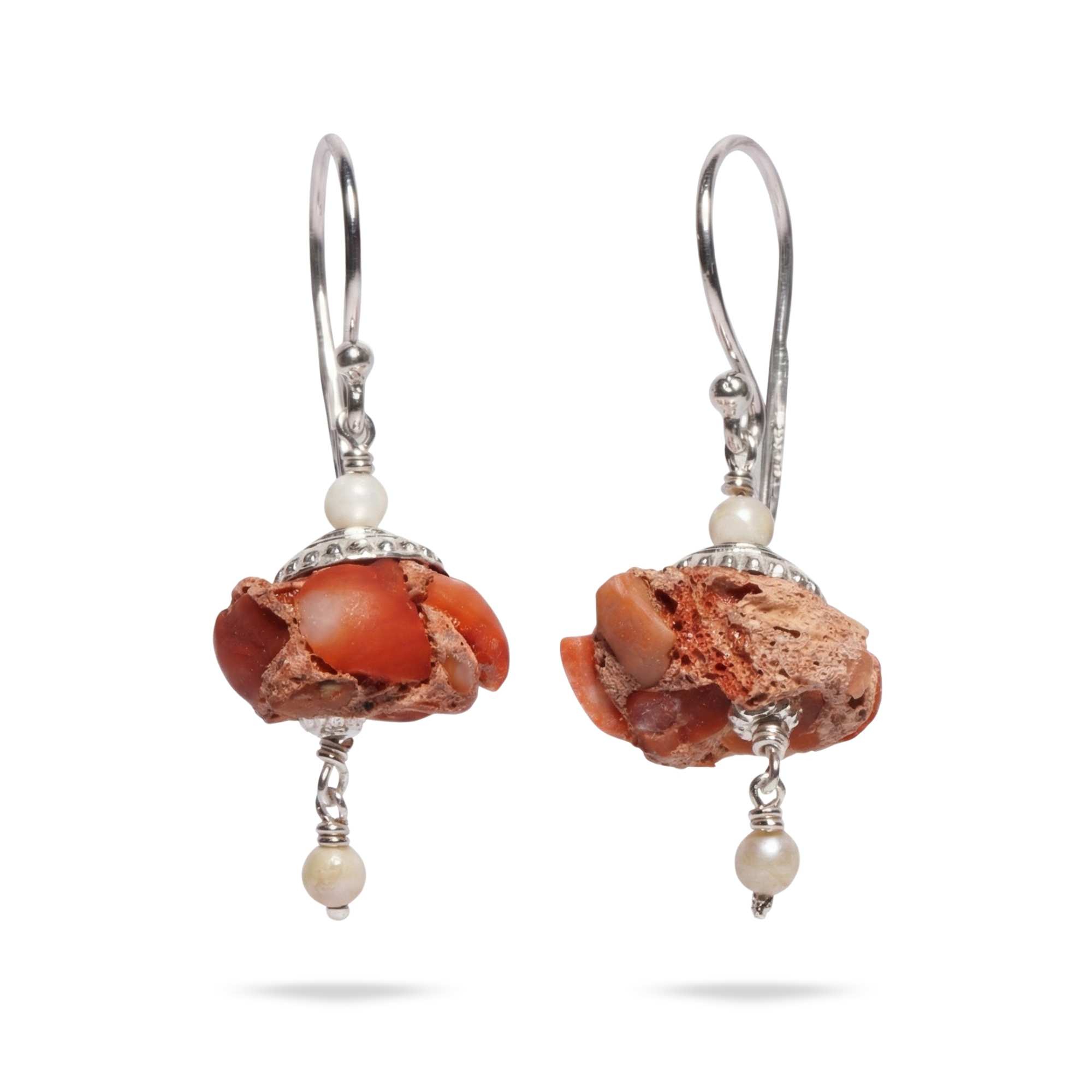 Silver Earrings with Coral and Freshwater Pearl – Earrings (Design K4-103) thumbnail
