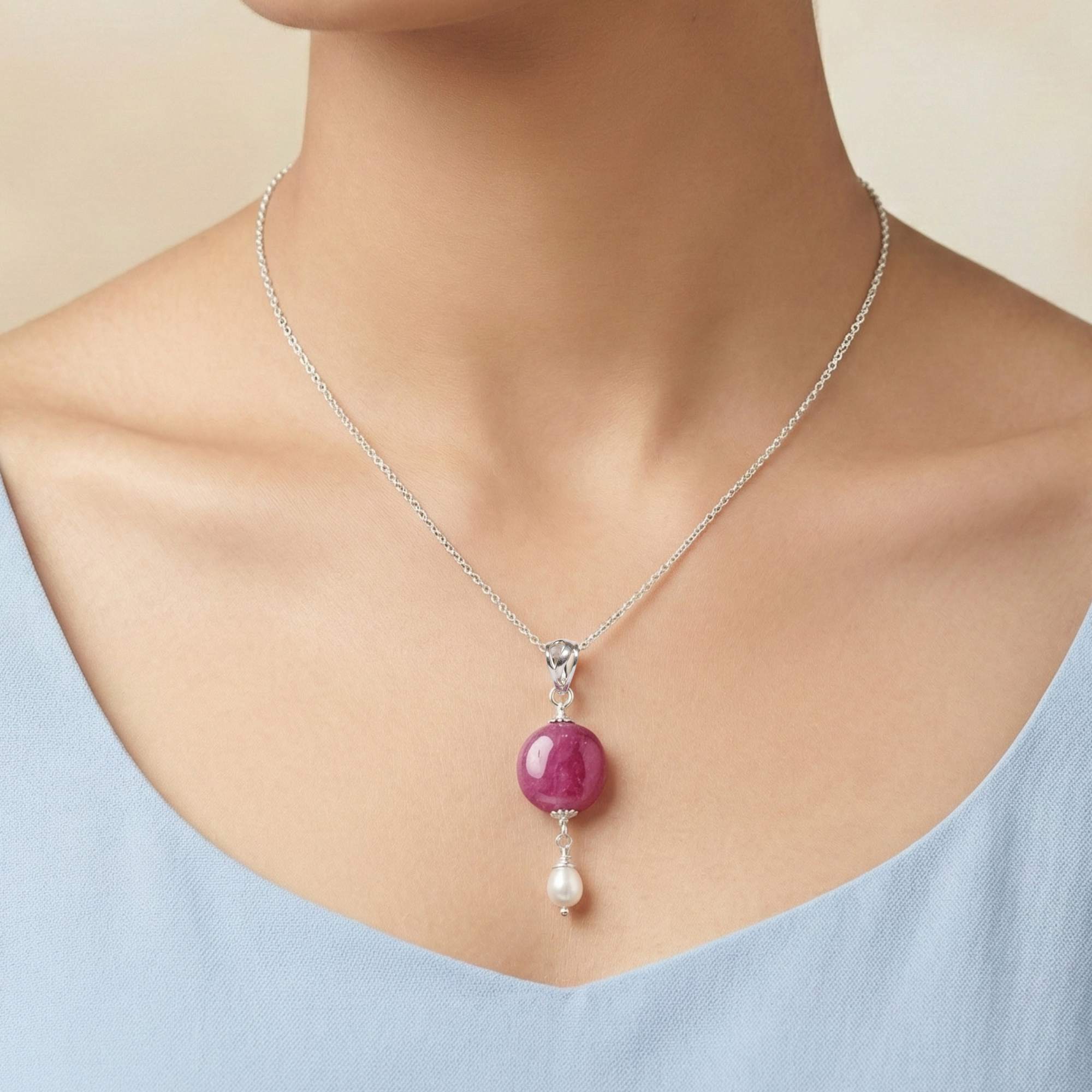 Pendant with Natural Burmese Ruby and Freshwater Pearl in Silver (Design K4-163) thumbnail