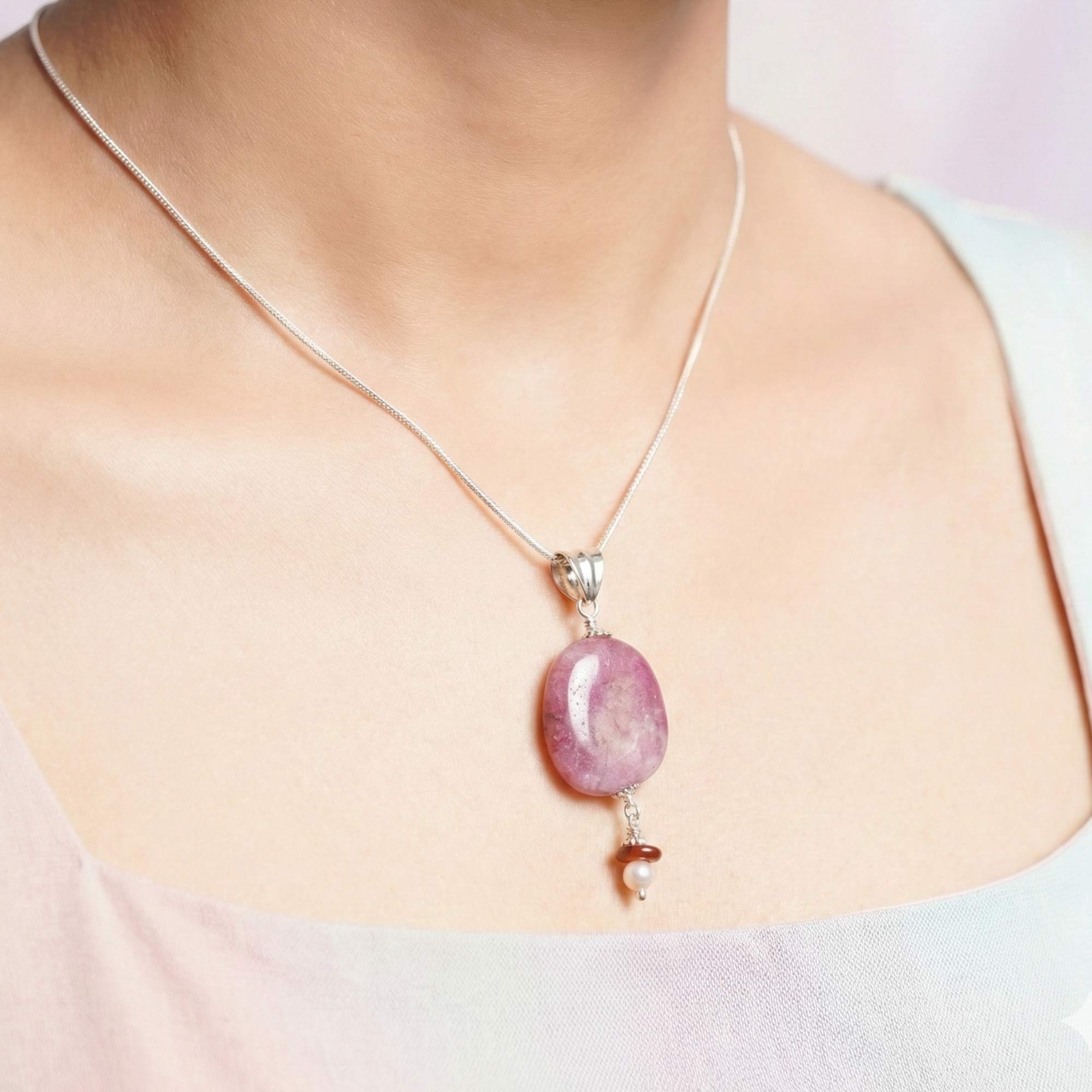 Pendant with Natural Burmese Ruby and Aqeeq Stone in Silver (Design K4-167) thumbnail