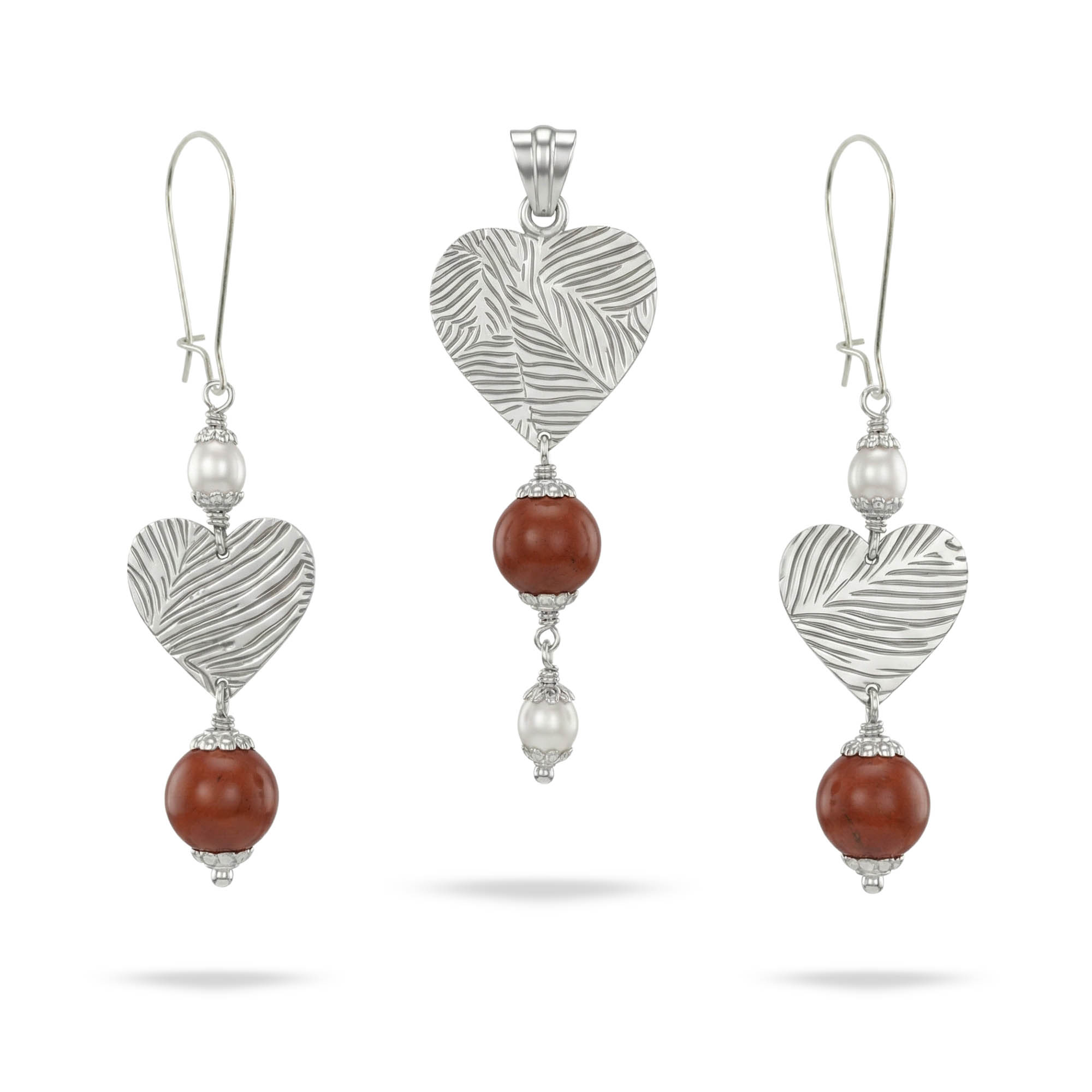 Earring and Pendant Set with Natural Red Jasper Bead and Freshwater Pearl in Silver thumbnail