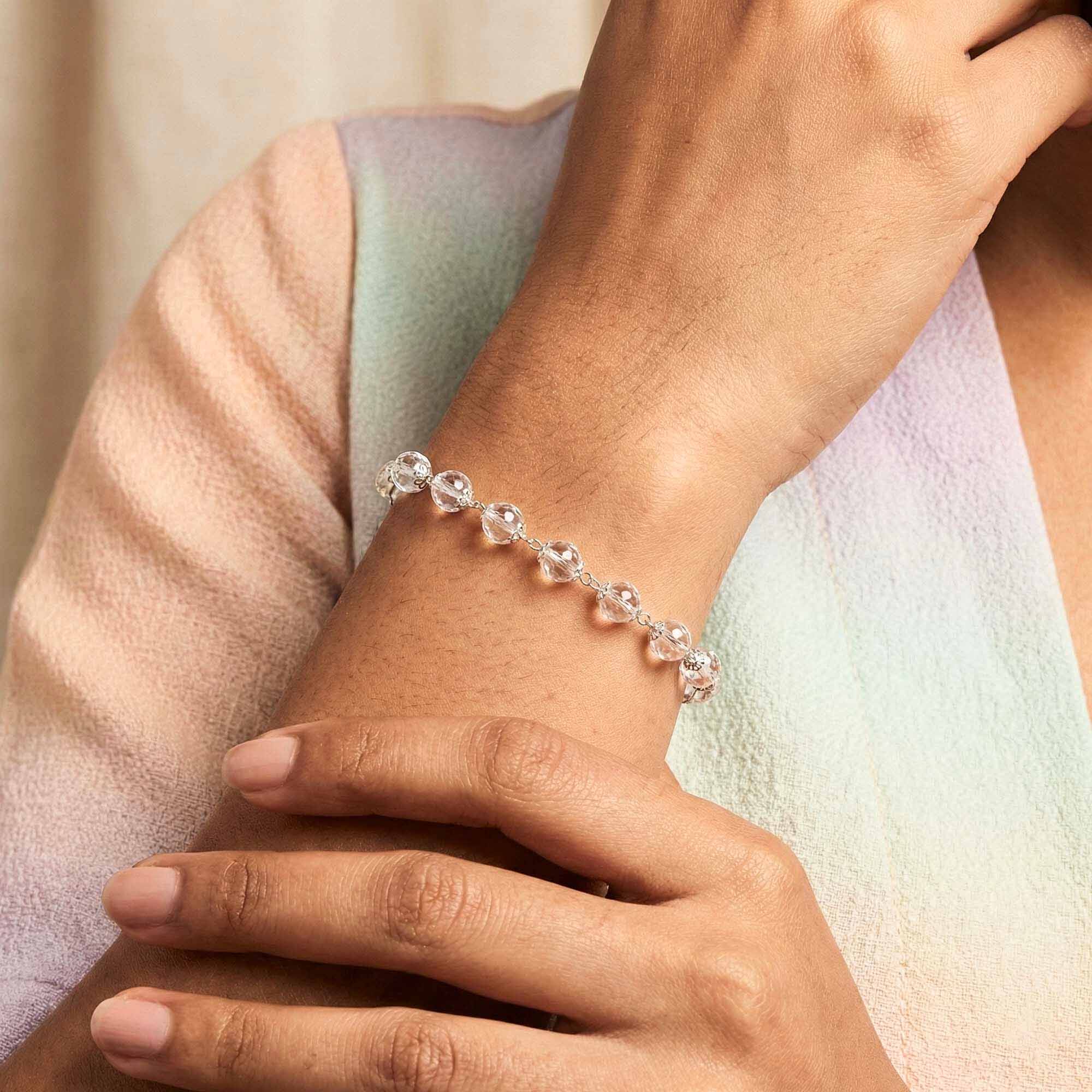 Sphatike Stone Round Beads with Handmade Bracelet in Silver (Design K4-190) thumbnail