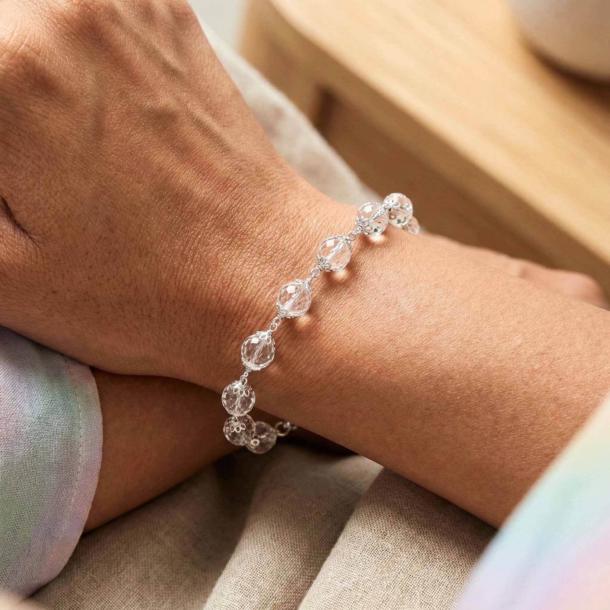 Sphatike Stone Round Beads with Handmade Bracelet in Silver (Design K4-193) thumbnail
