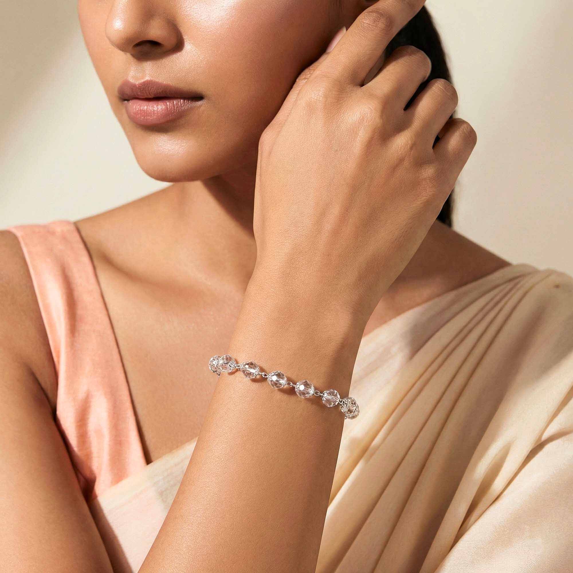 Sphatike Stone Round Beads with Handmade Bracelet in Silver (Design K4-194) thumbnail