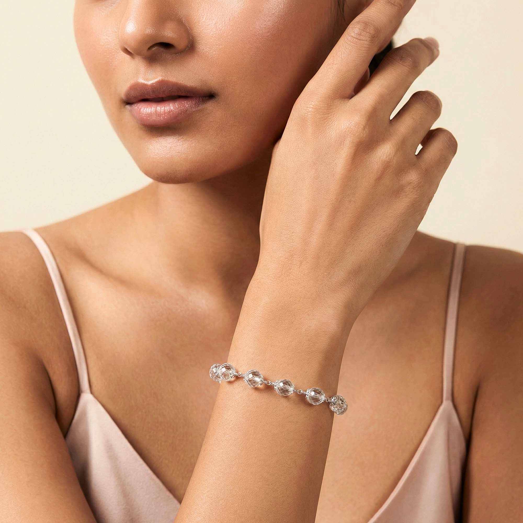 Sphatike Stone Round Beads with Handmade Bracelet in Silver (Design K4-197) thumbnail
