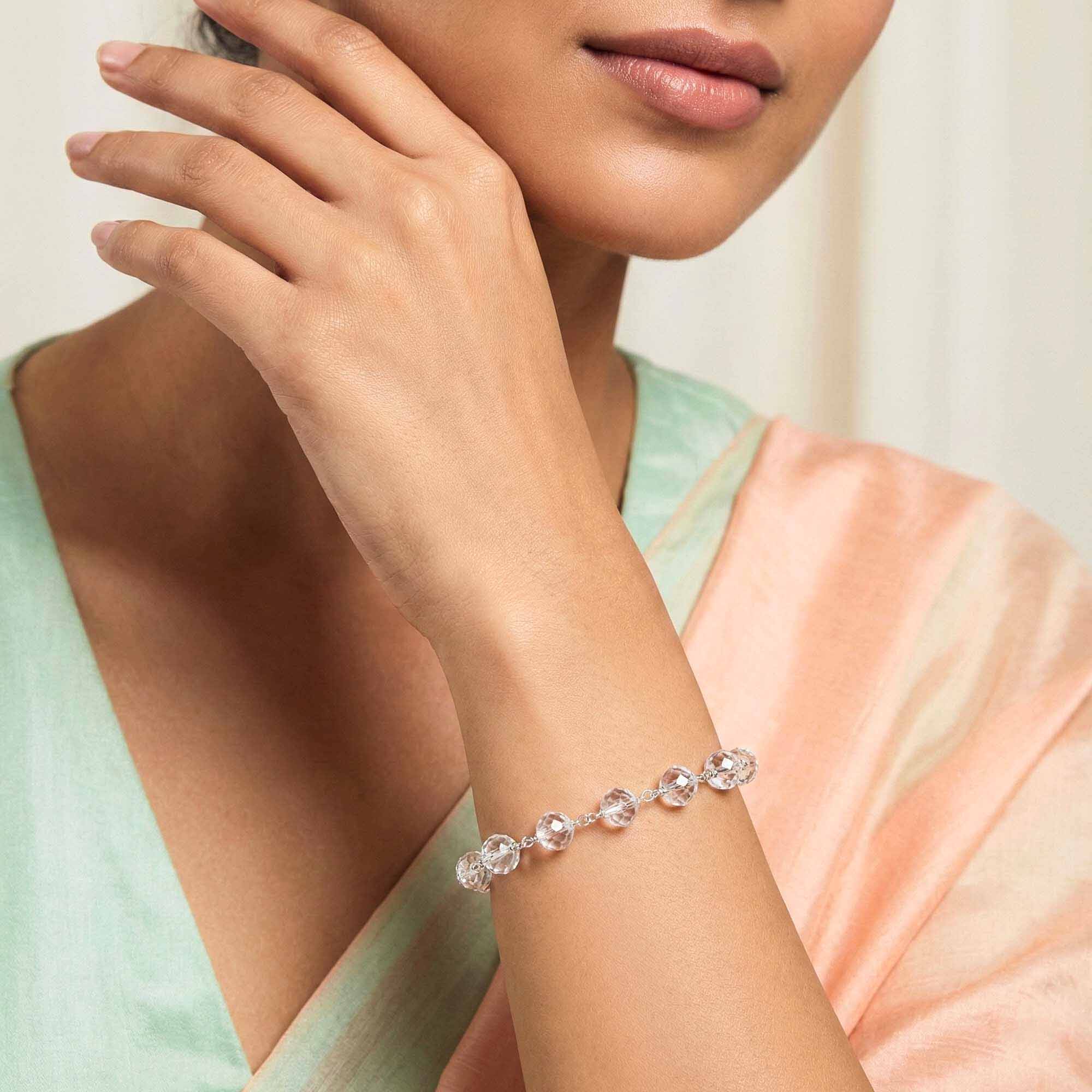 Sphatike Stone Round Beads with Handmade Bracelet in Silver (Design K4-200) thumbnail