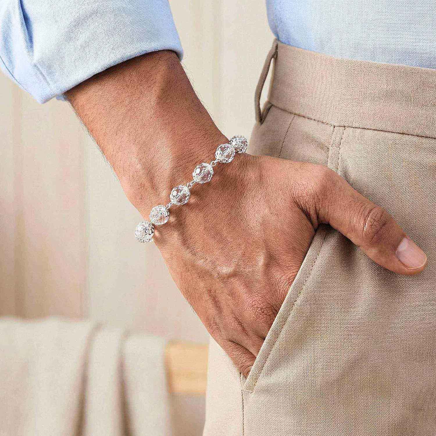Sphatike Stone Round Beads with Handmade Bracelet in Silver (Design K4-207) thumbnail