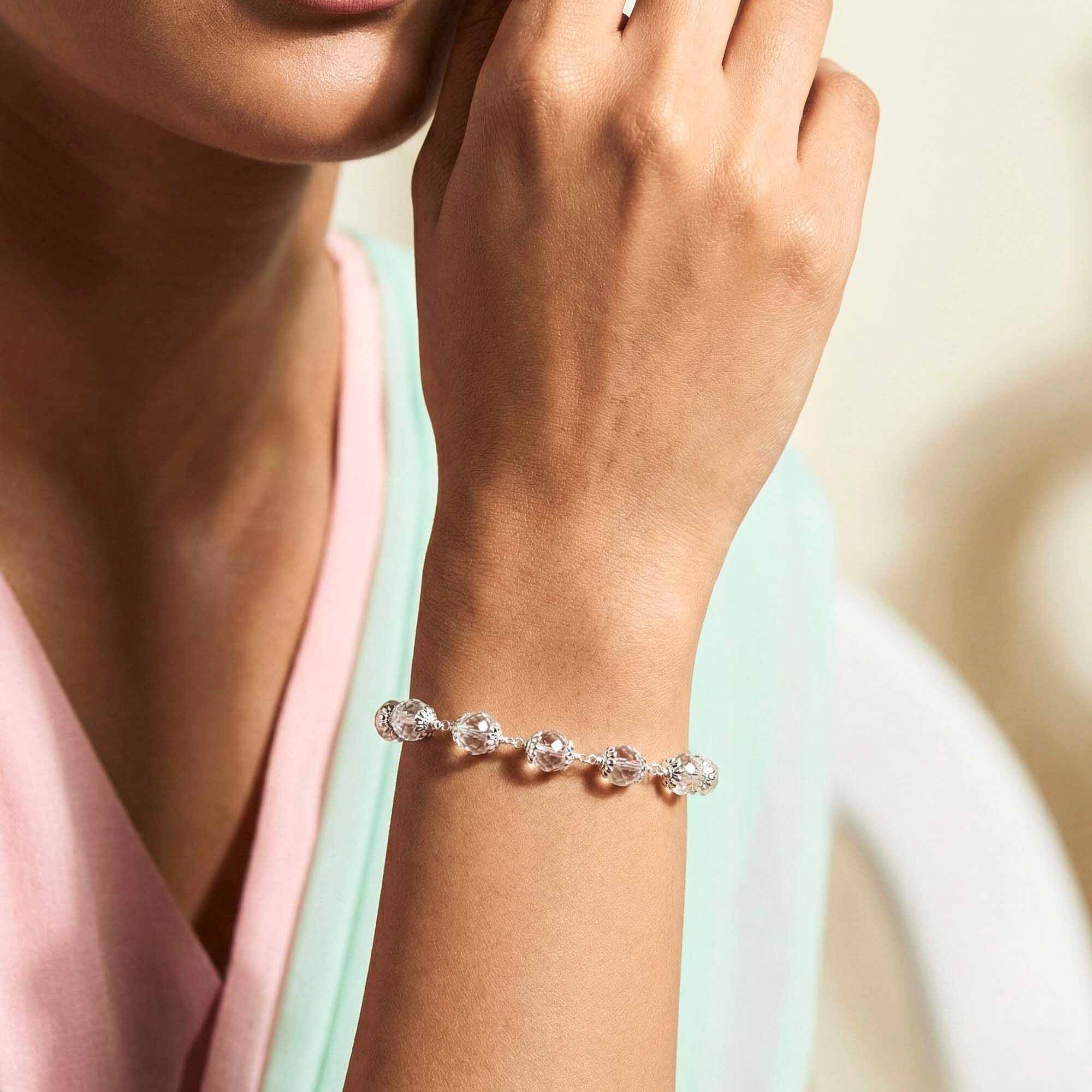 Sphatike Stone Round Beads with Handmade Bracelet in Silver (Design K4-209) thumbnail