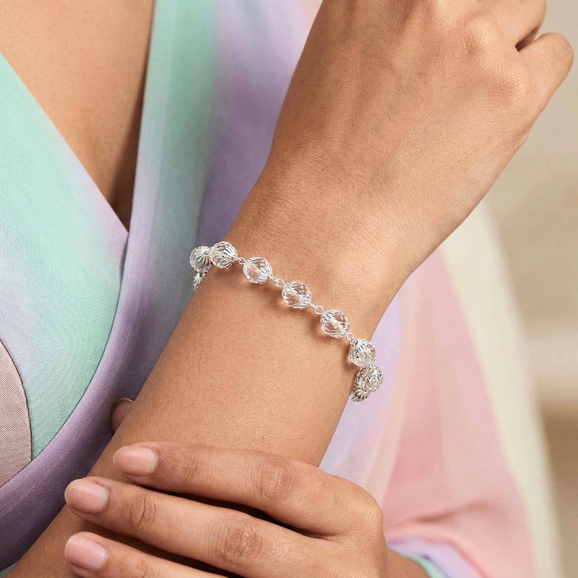 Sphatike Stone Round Beads with Handmade Bracelet in Silver (Design K4-211) thumbnail