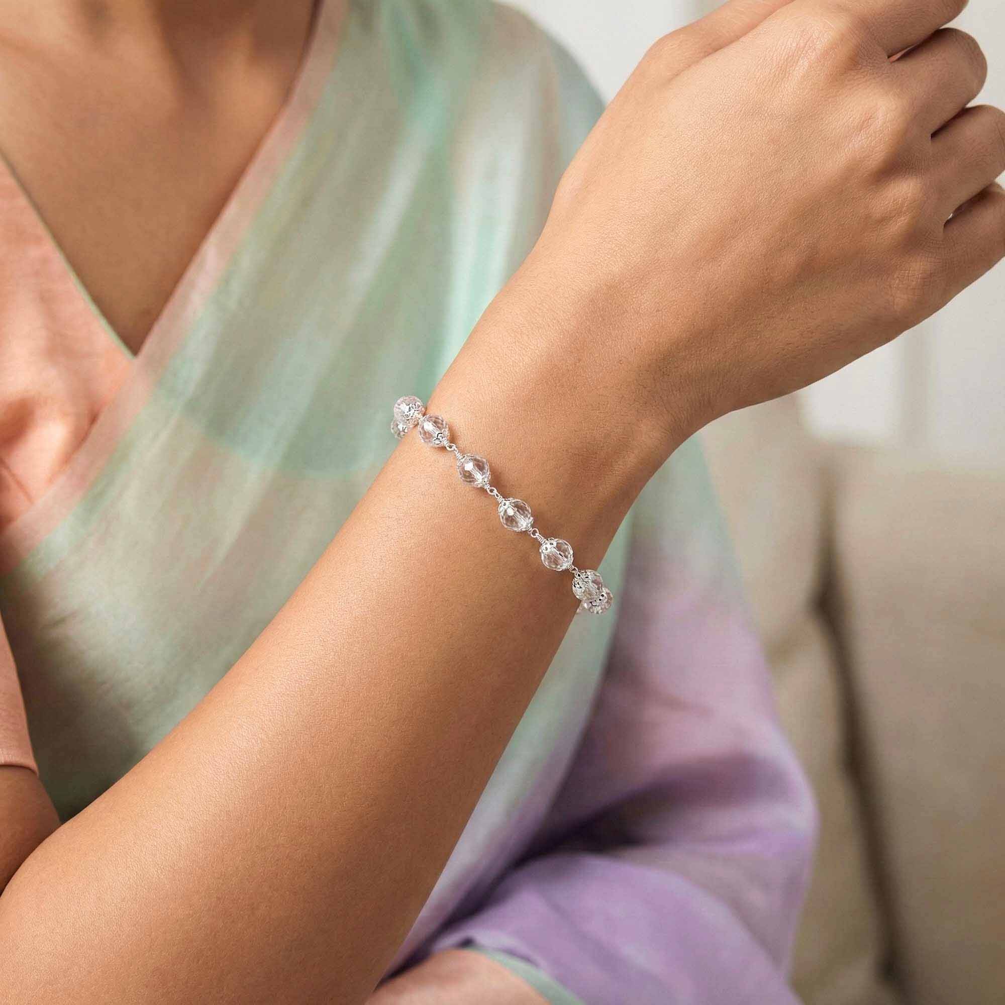 Sphatike Stone Round Beads with Handmade Bracelet in Silver (Design K4-221) thumbnail