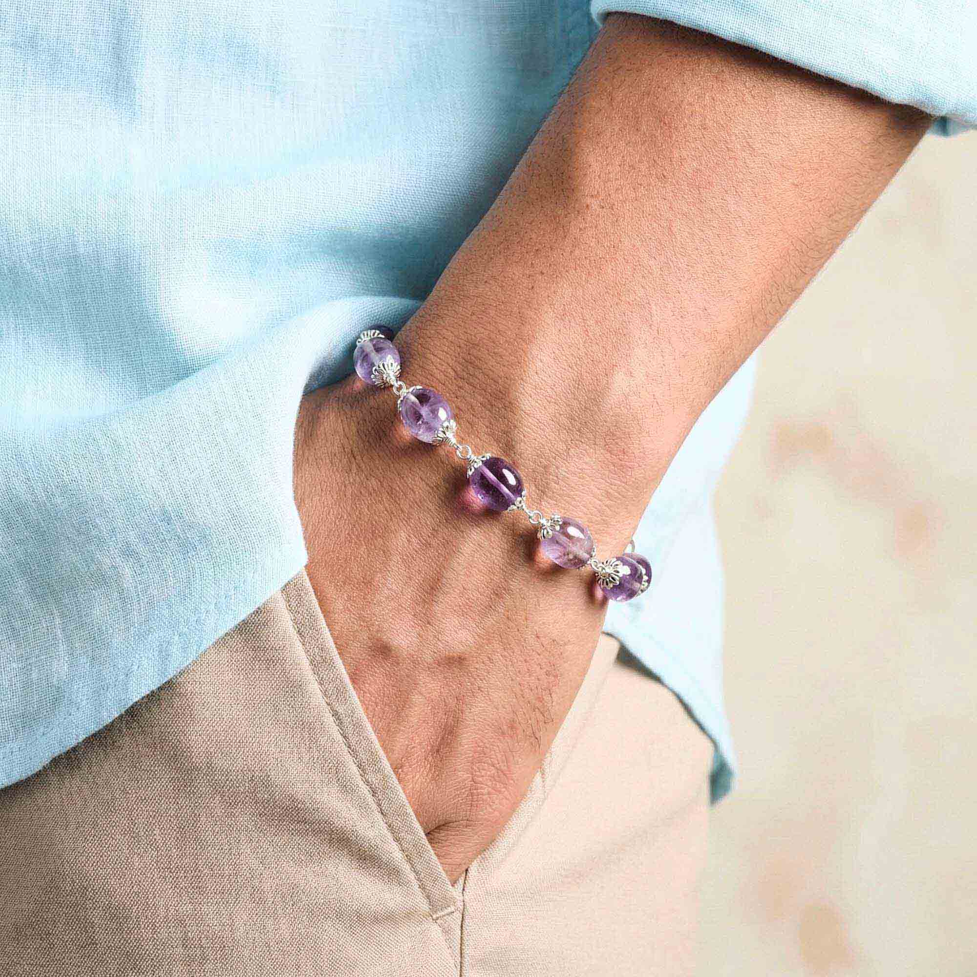 Sphatike Stone Round Beads with Handmade Bracelet in Silver (Design K4-229) thumbnail