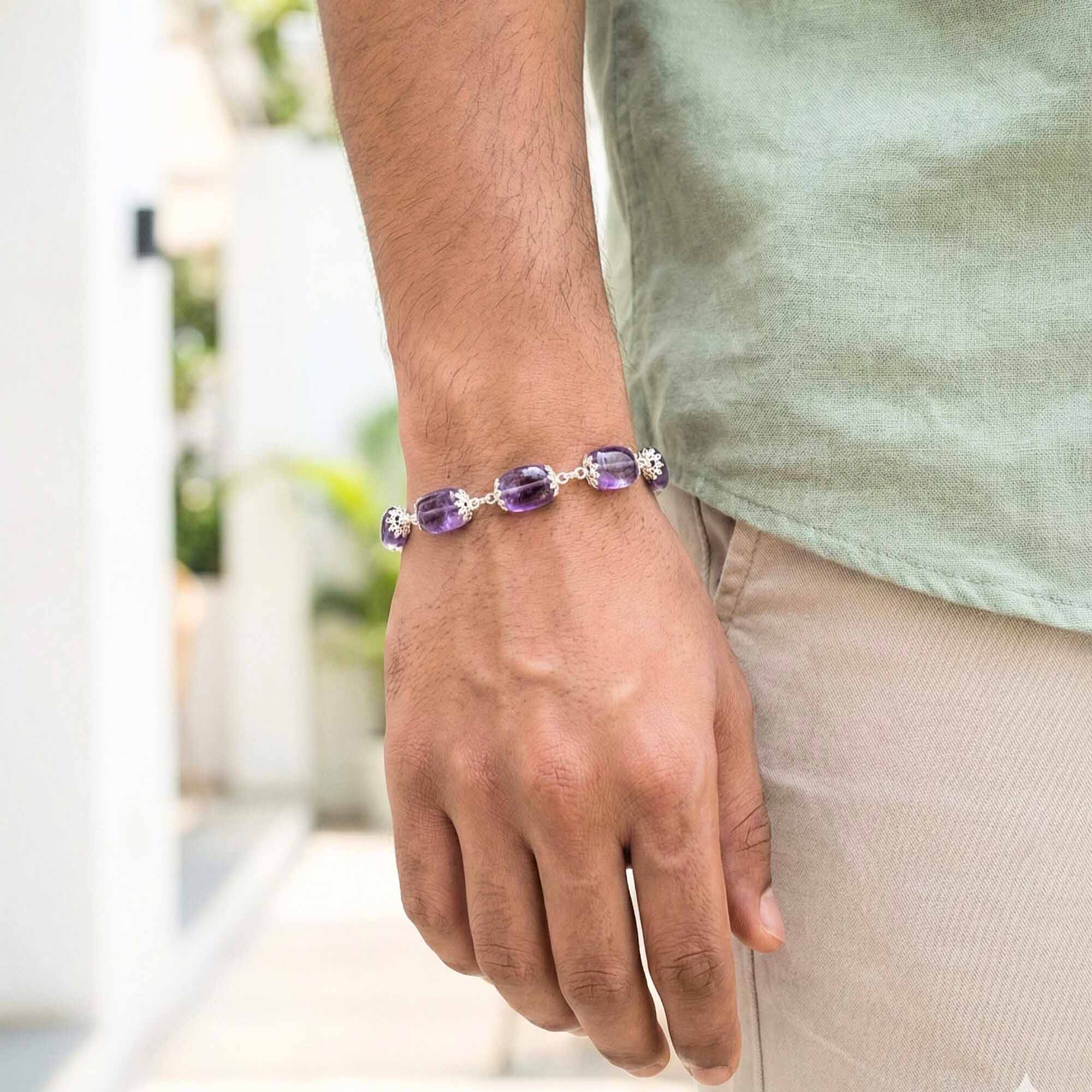 Amethyst Oval Beads with Handmade Bracelet in Silver (Design K4-231) thumbnail