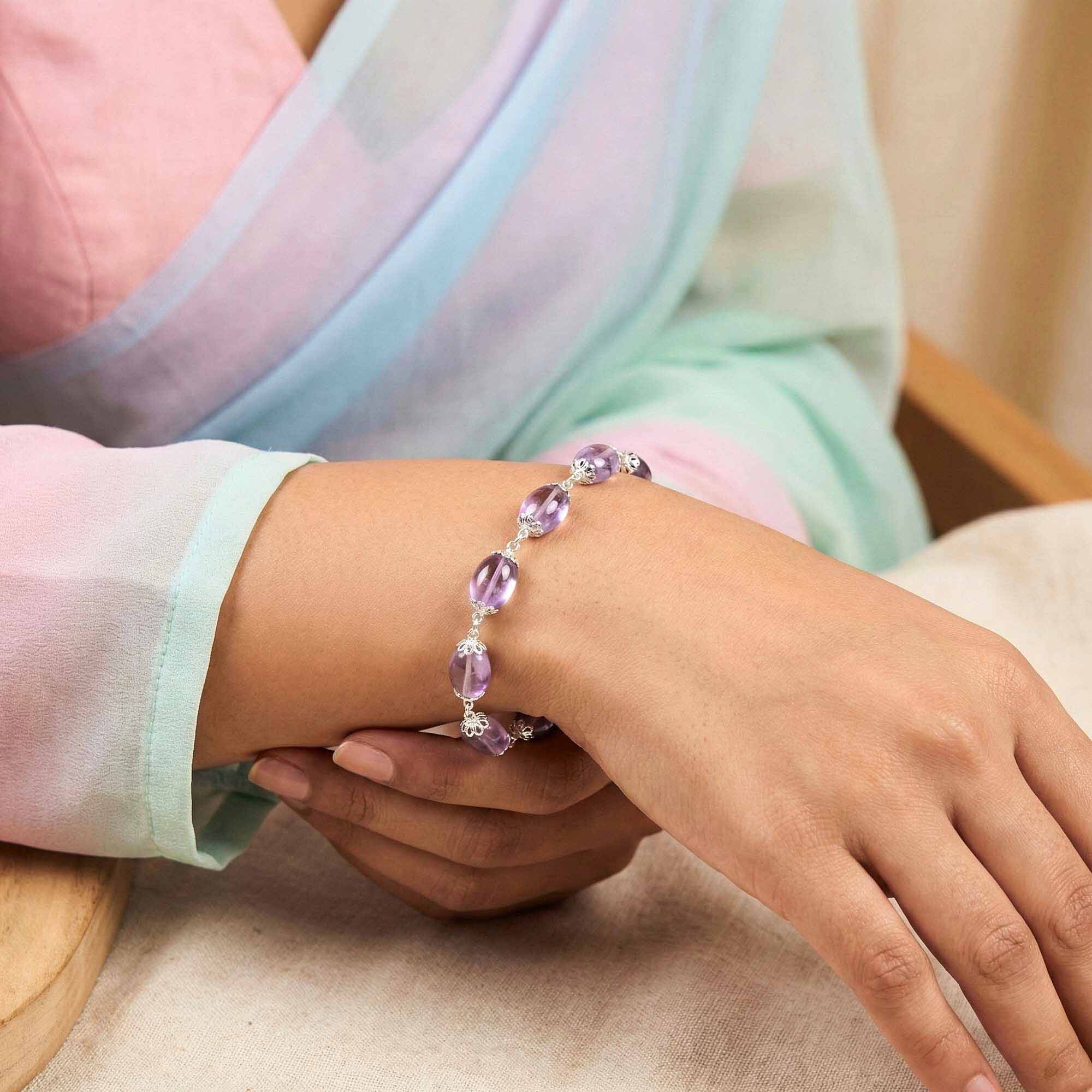 Amethyst Oval Beads with Handmade Bracelet in Silver (Design K4-233) thumbnail