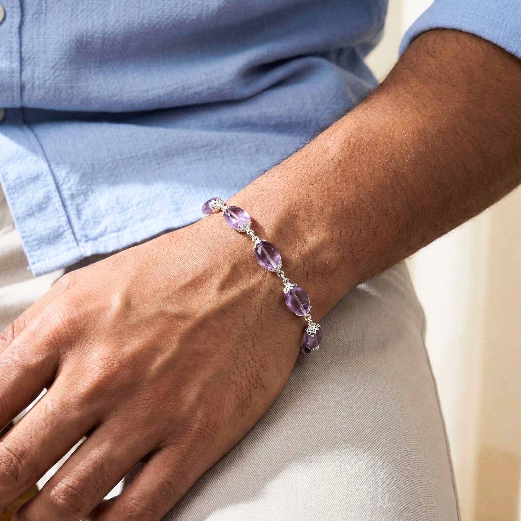 Amethyst Oval Beads with Handmade Bracelet in Silver (Design K4-233) thumbnail