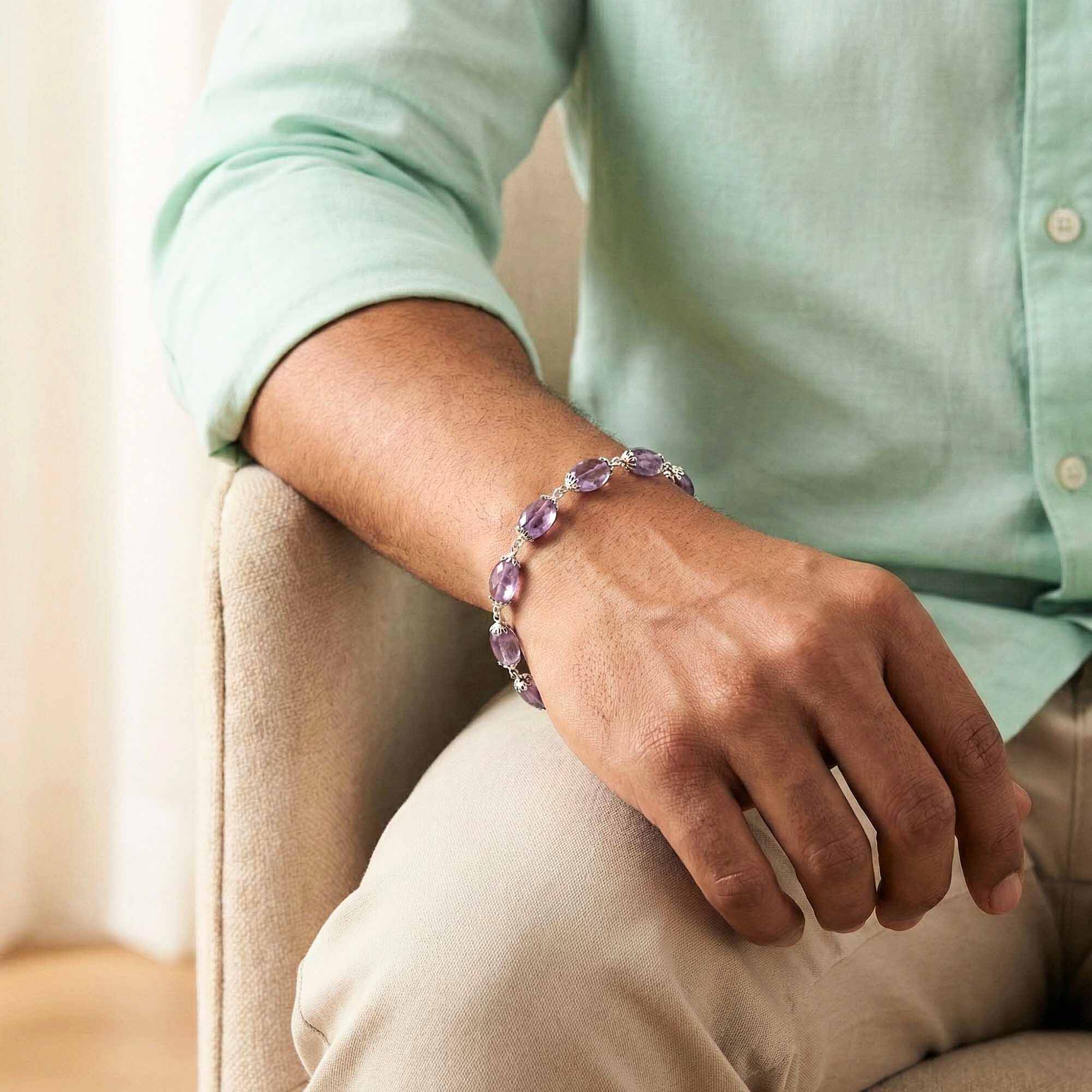 Amethyst Oval Beads with Handmade Bracelet in Silver (Design K4-236) thumbnail