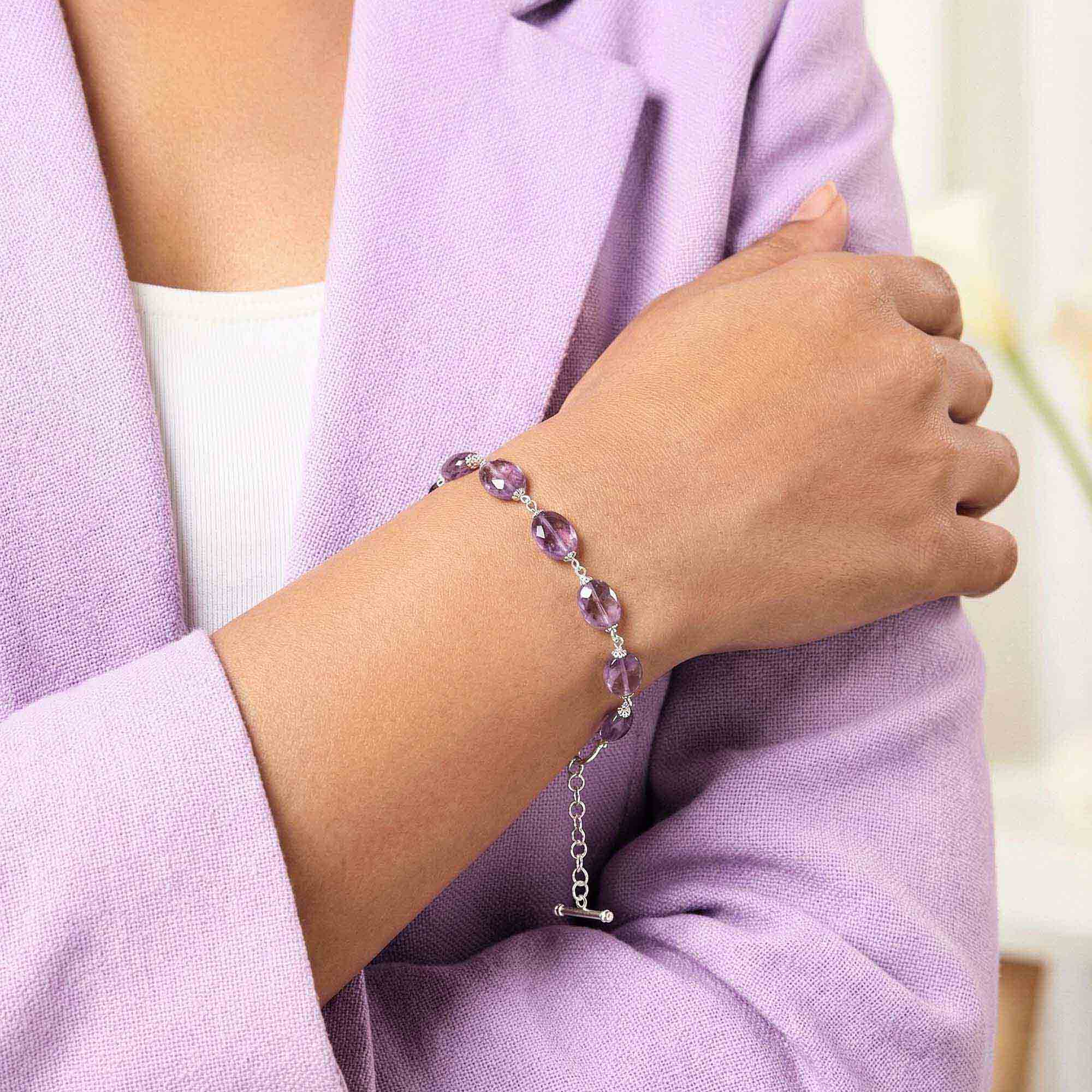 Amethyst Oval Beads with Handmade Bracelet in Silver (Design K4-247) thumbnail