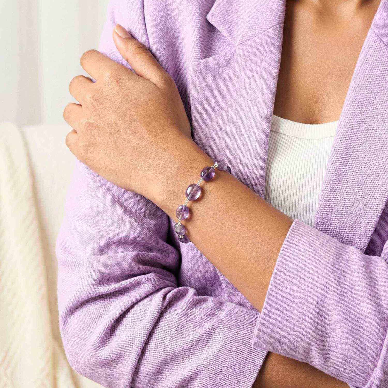 Amethyst Oval Beads with Handmade Bracelet in Silver (Design K4-248) thumbnail