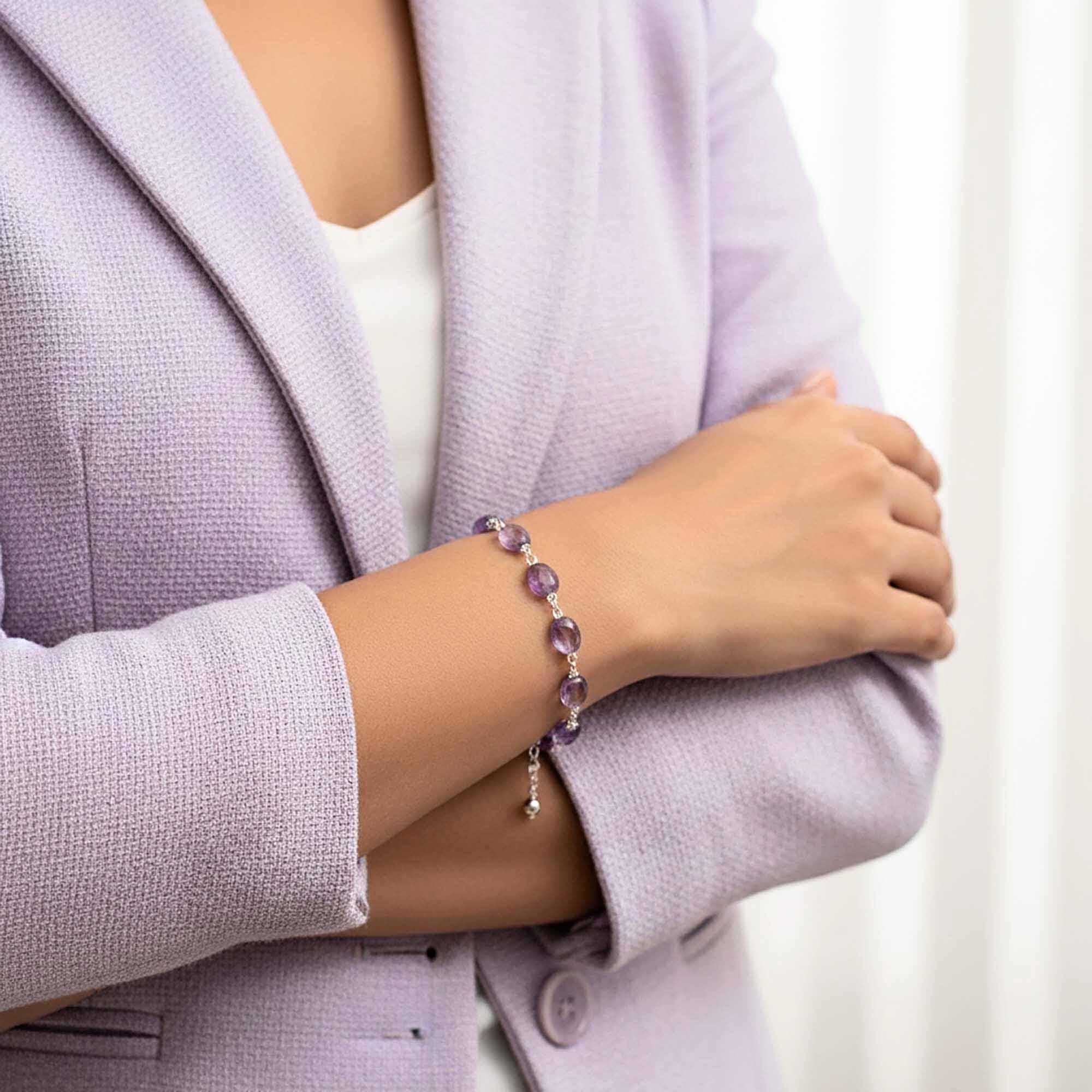 Amethyst Oval Beads with Handmade Bracelet in Silver (Design K4-255) thumbnail