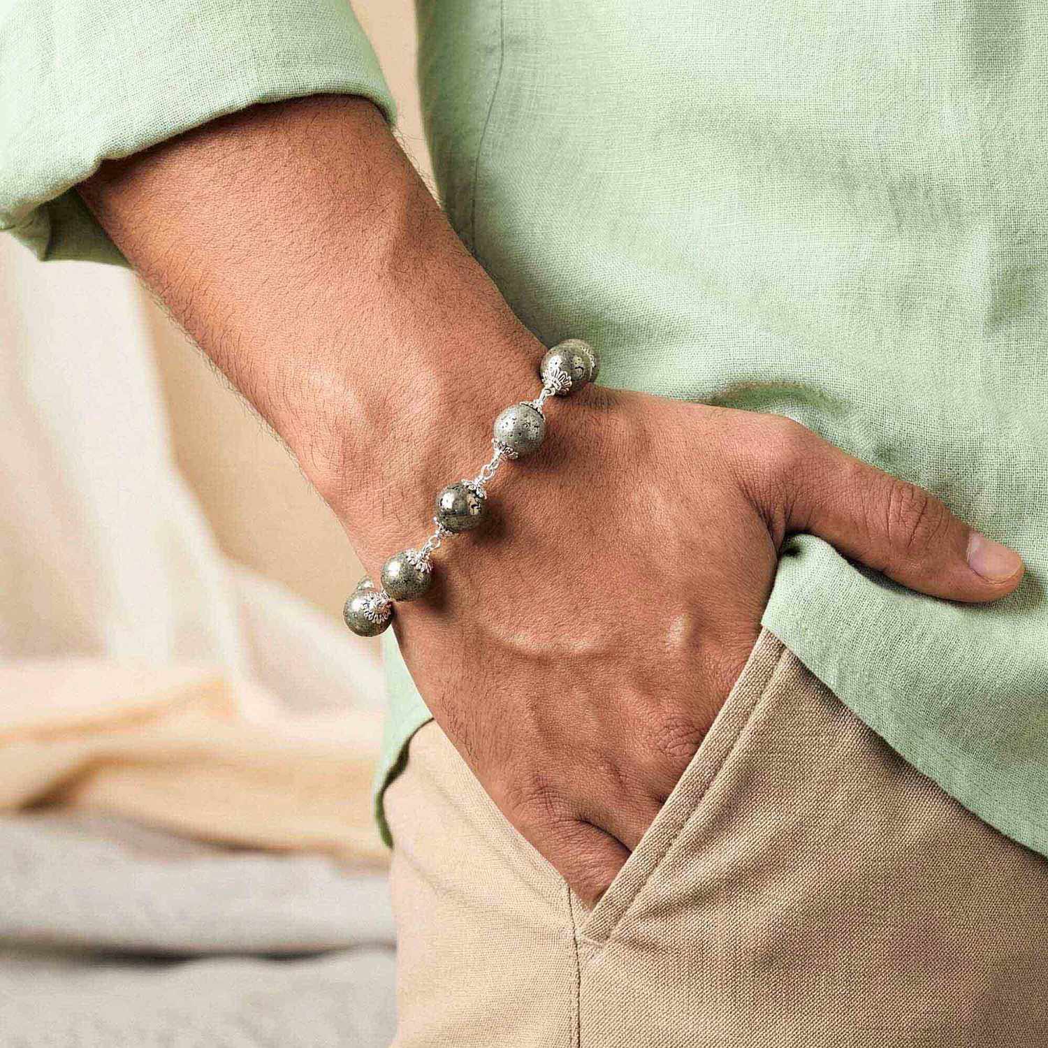 Pyrite Round Beads with Handmade Bracelet in Silver (Design K4-257) thumbnail