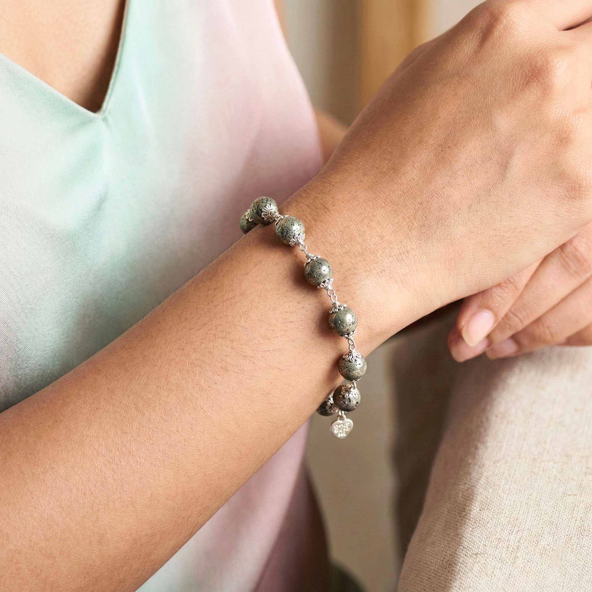 Pyrite Round Beads with Handmade Bracelet in Silver (Design K4-262) thumbnail