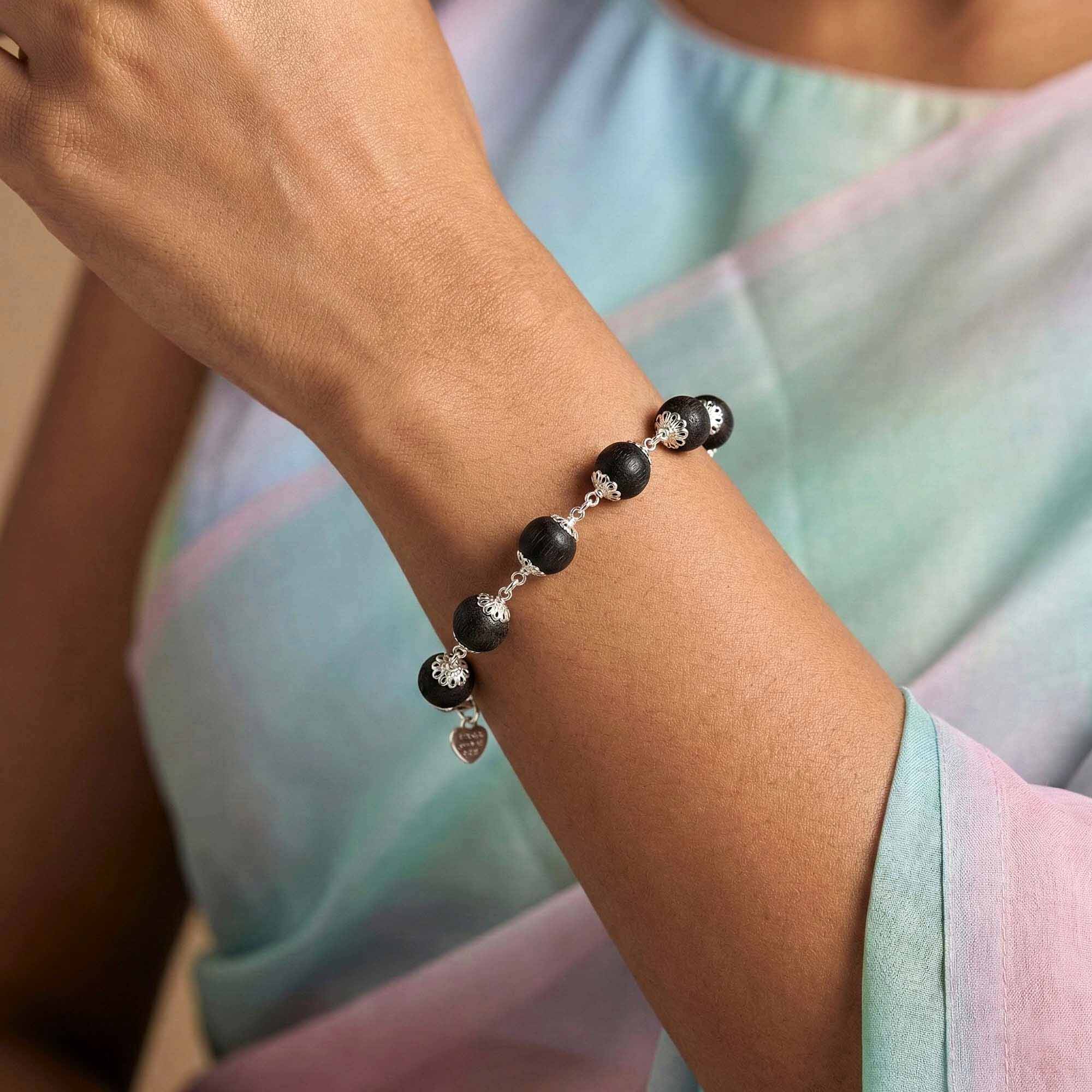 Ebony Wood Round Beads with Handmade Bracelet in Silver (Design K4-265) thumbnail