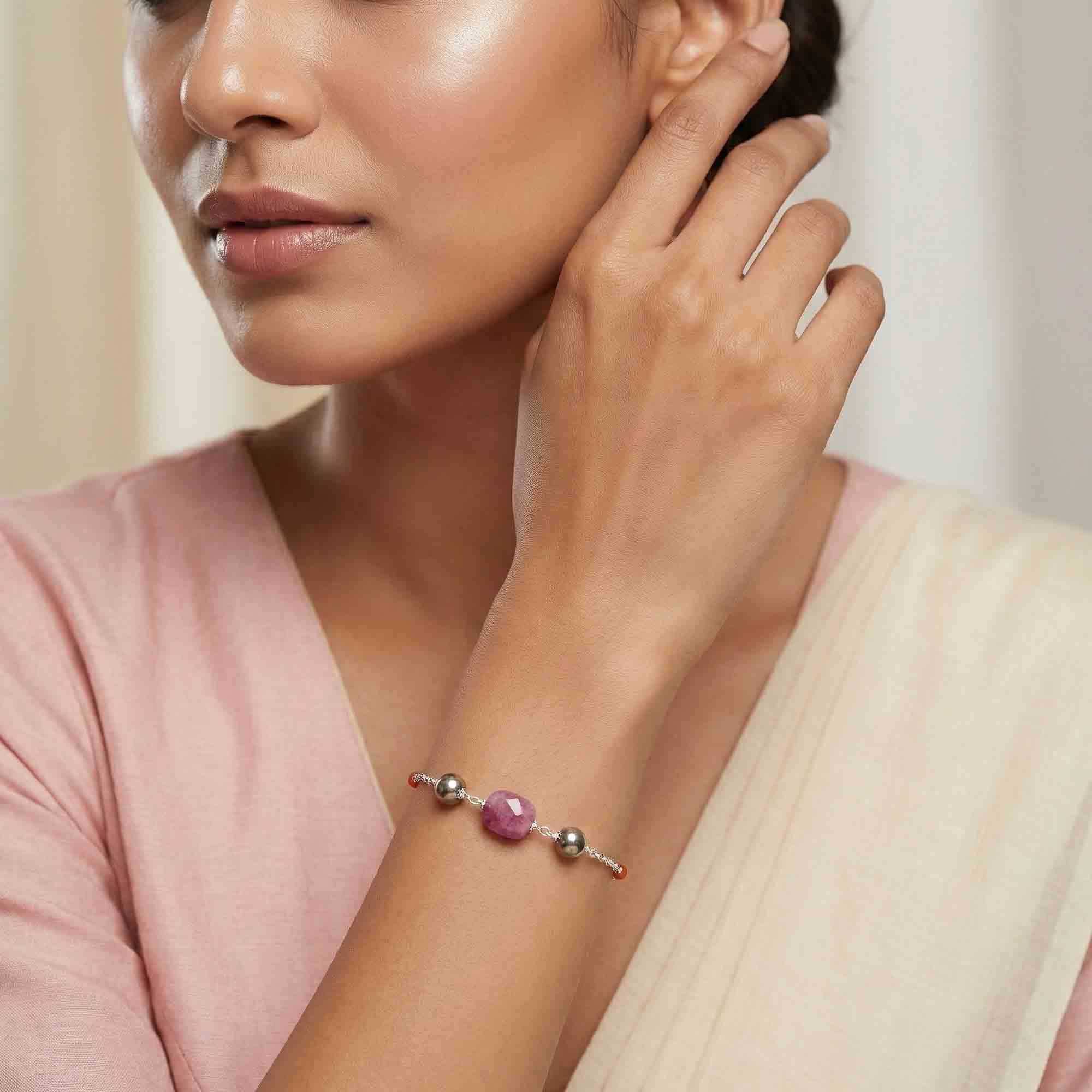 Ruby and Natural Stone with Handmade Bracelet in Silver (Design K5-128) thumbnail