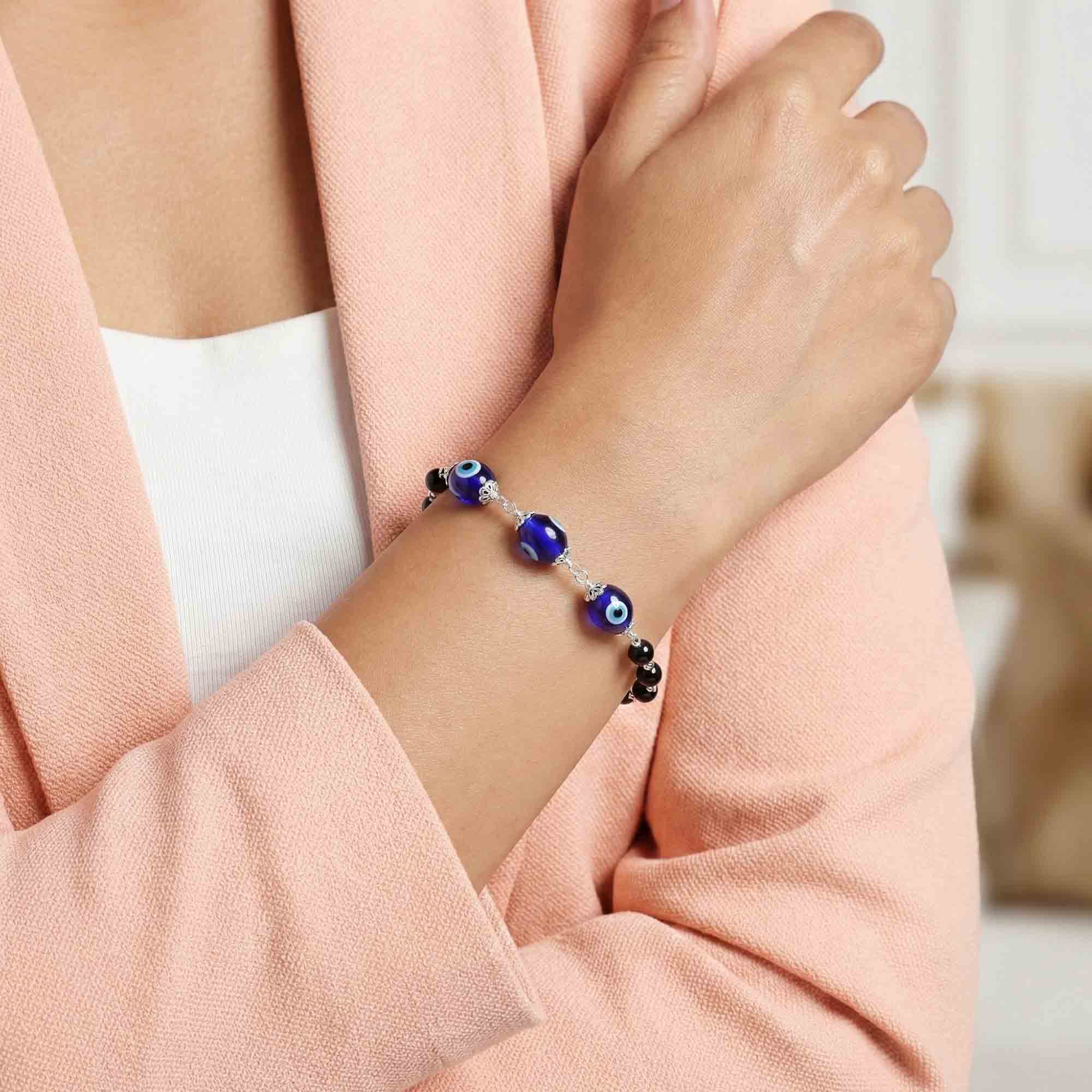 Evil Eye and Natural Stone with Handmade Bracelet in Silver (Design K5-132) thumbnail