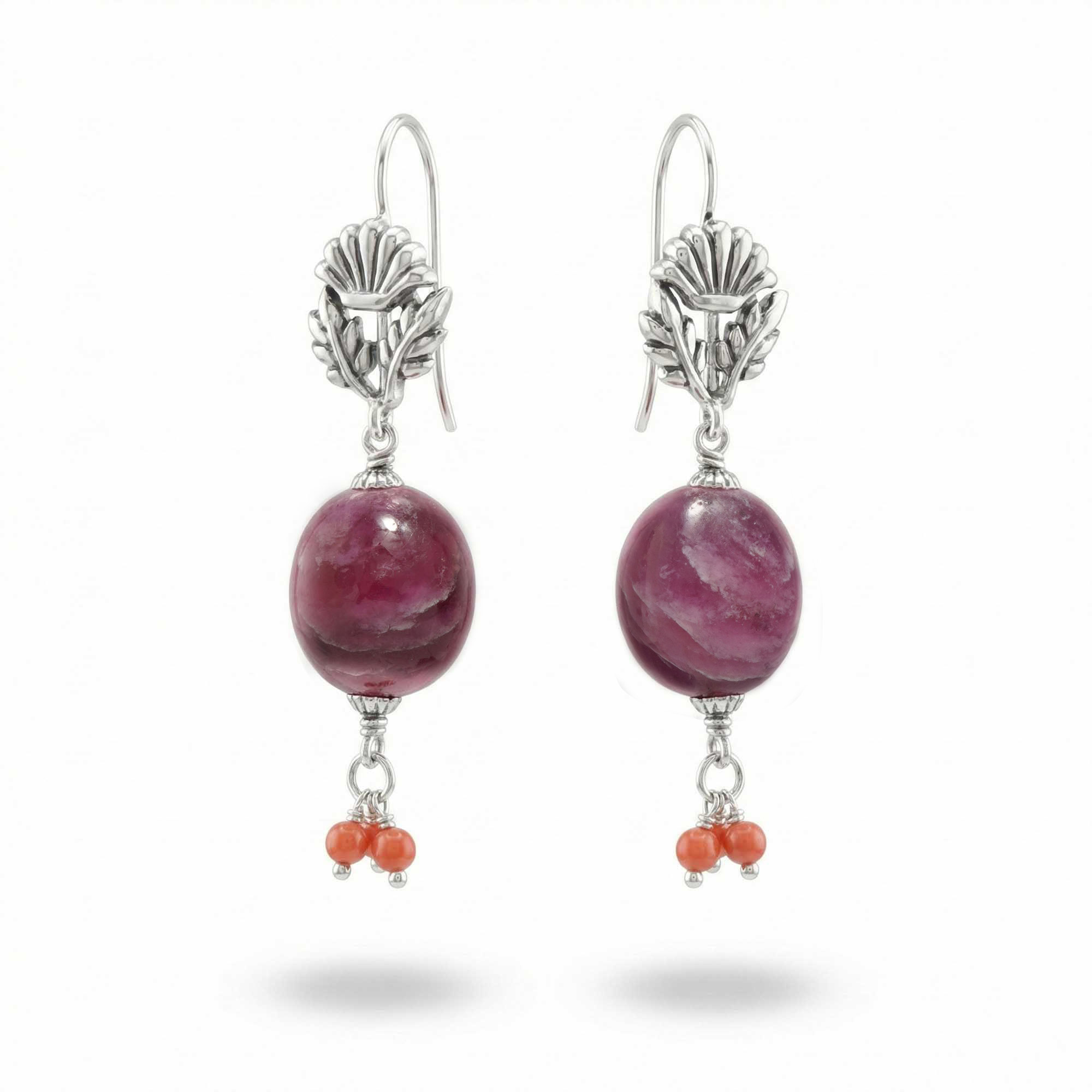 Silver Earrings with Burmese Ruby and Coral (Design K5-28) thumbnail
