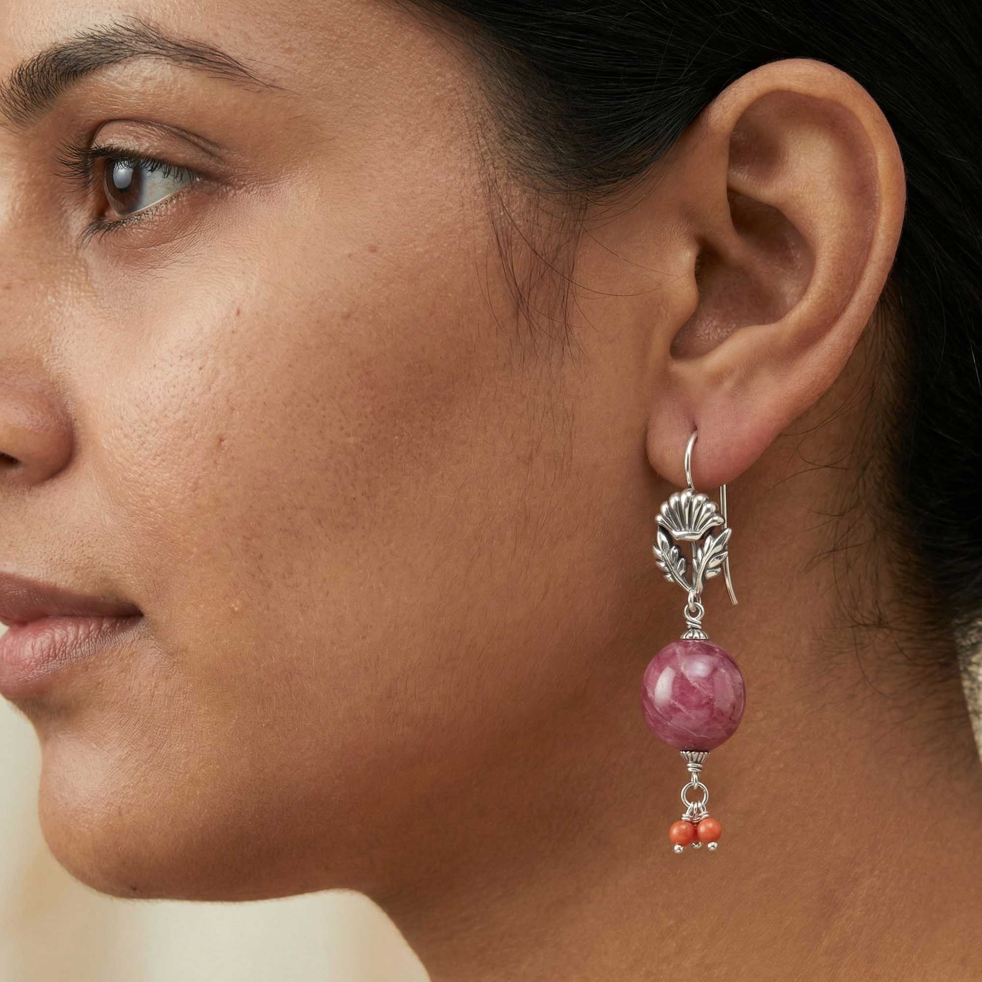 Silver Earrings with Burmese Ruby and Coral (Design K5-28) thumbnail