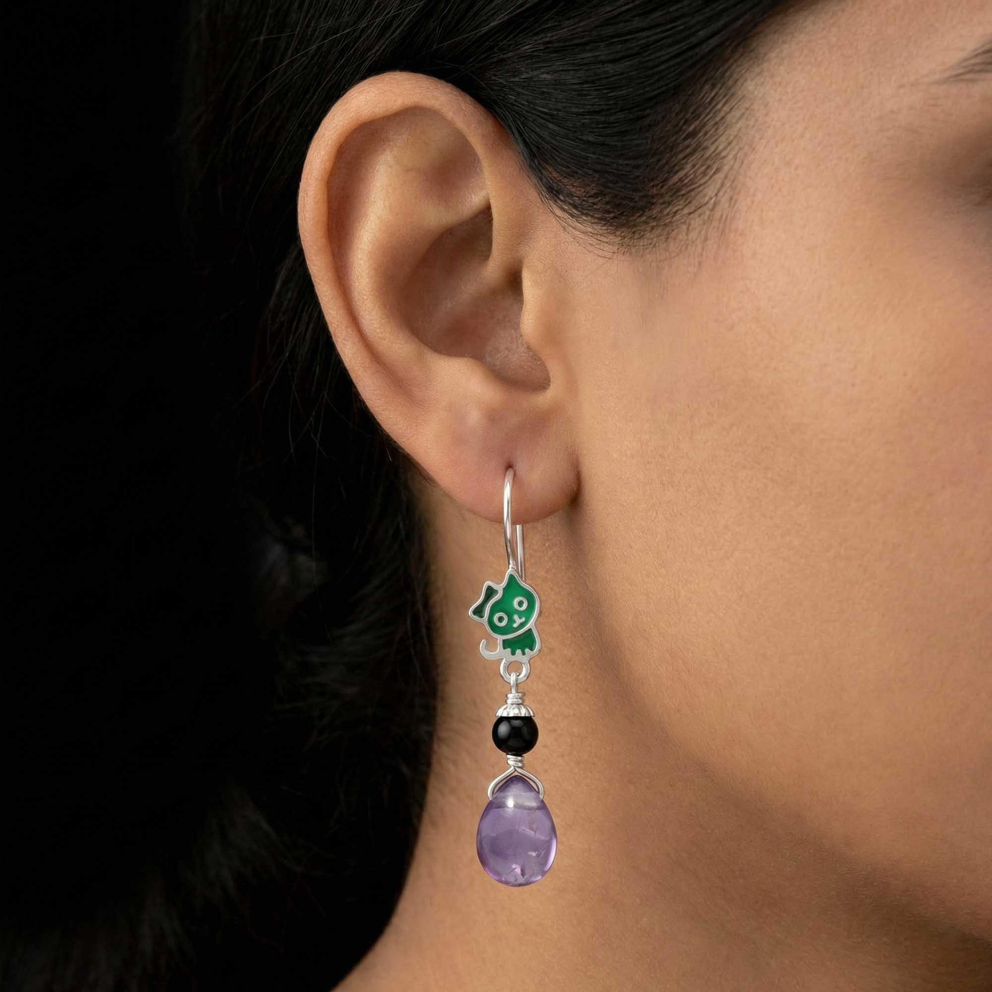 Silver Earrings with Amethyst and Natural Beads (Design K5-37) thumbnail