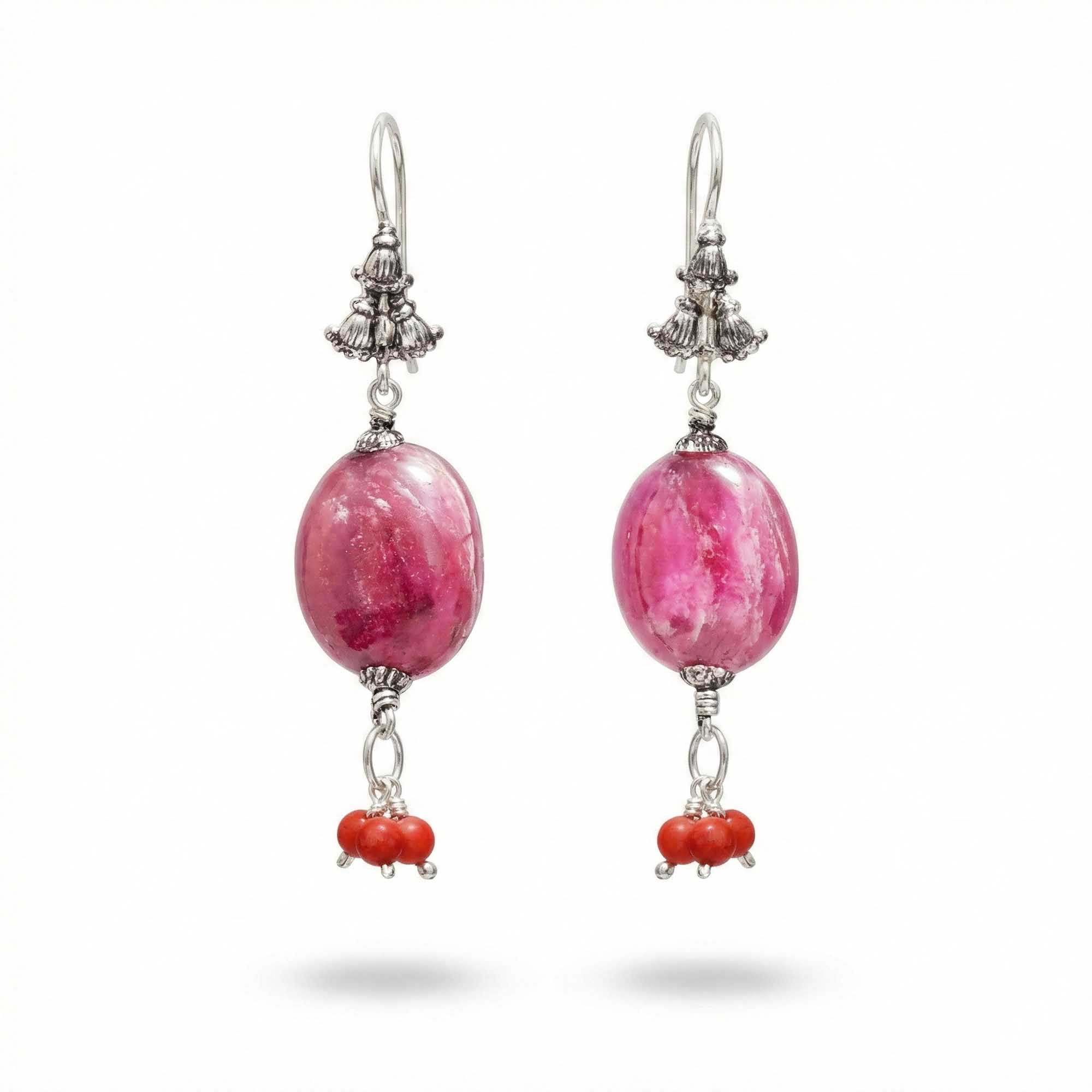 Silver Earrings with Burmese Ruby and Red Jaspher Beads (Design K5-40) thumbnail