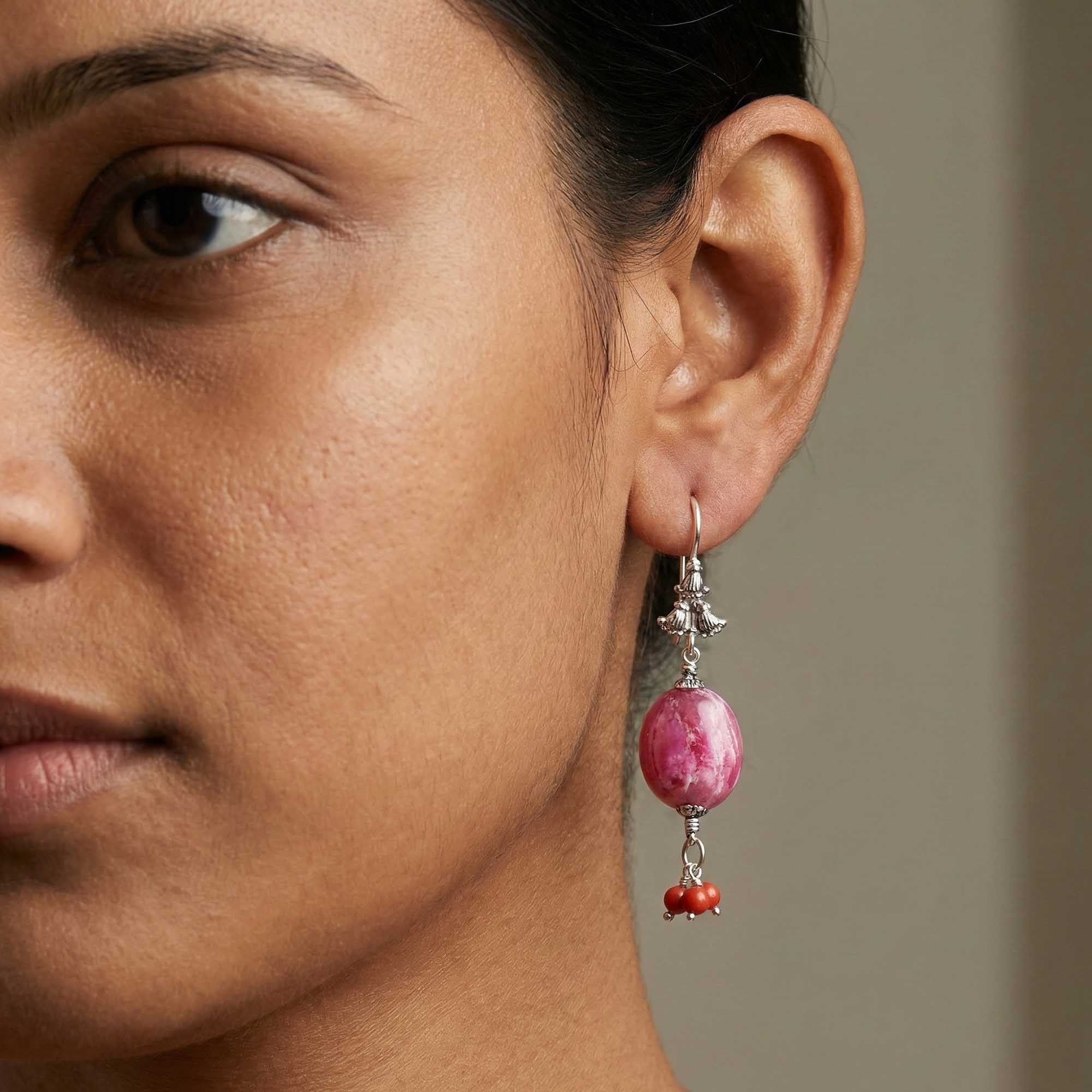 Silver Earrings with Burmese Ruby and Red Jaspher Beads (Design K5-40) thumbnail