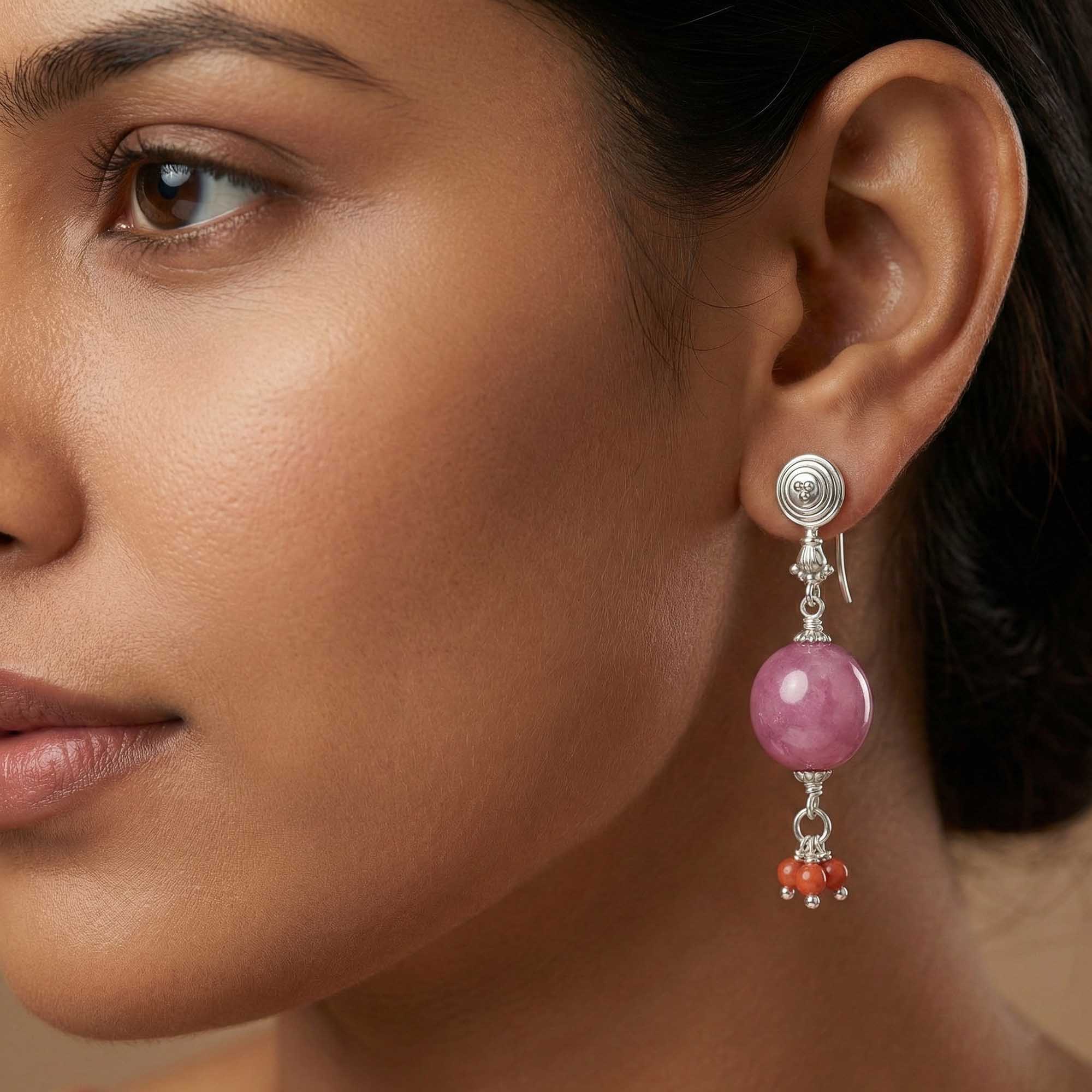 Silver Earrings with Burmese Ruby and Coral (Design K5-67) thumbnail