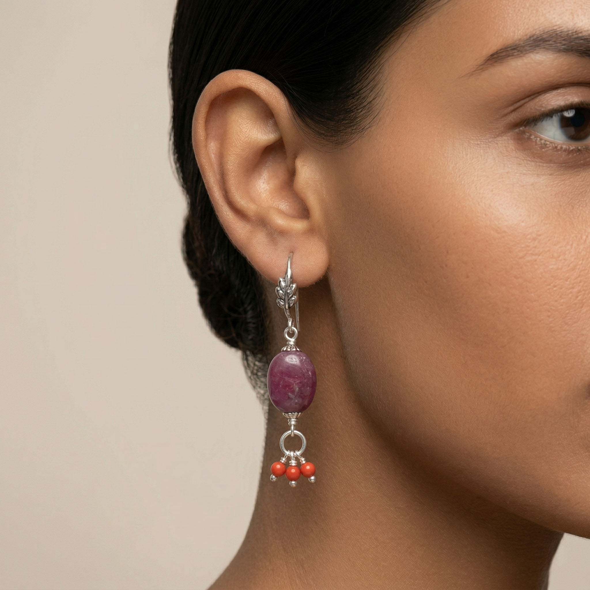 Silver Earrings with Burmese Ruby and Red Jaspher Beads (Design K5-83) thumbnail
