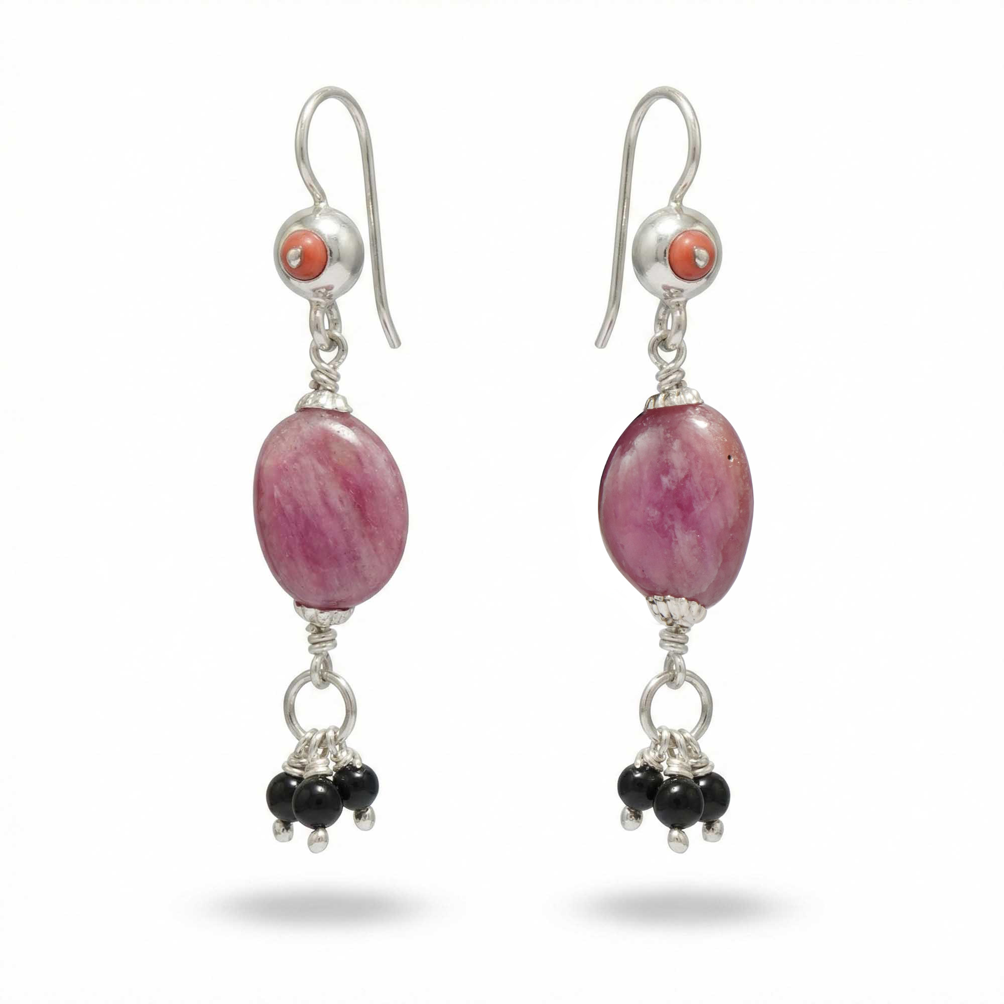 Silver Earrings with Burmese Ruby and Natural Beads (Design K5-93) thumbnail