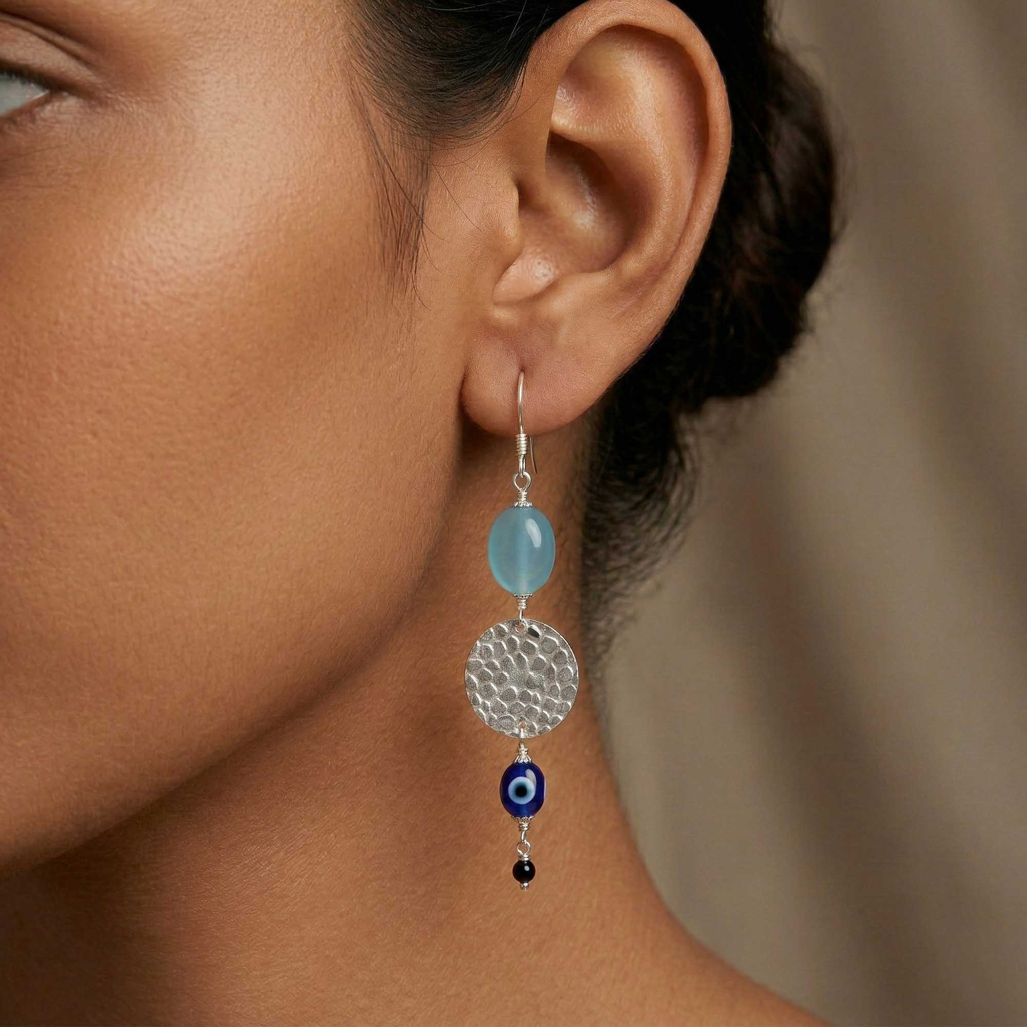 Silver Earrings with Evil Eye and Natural Beads (Design K5-112) thumbnail