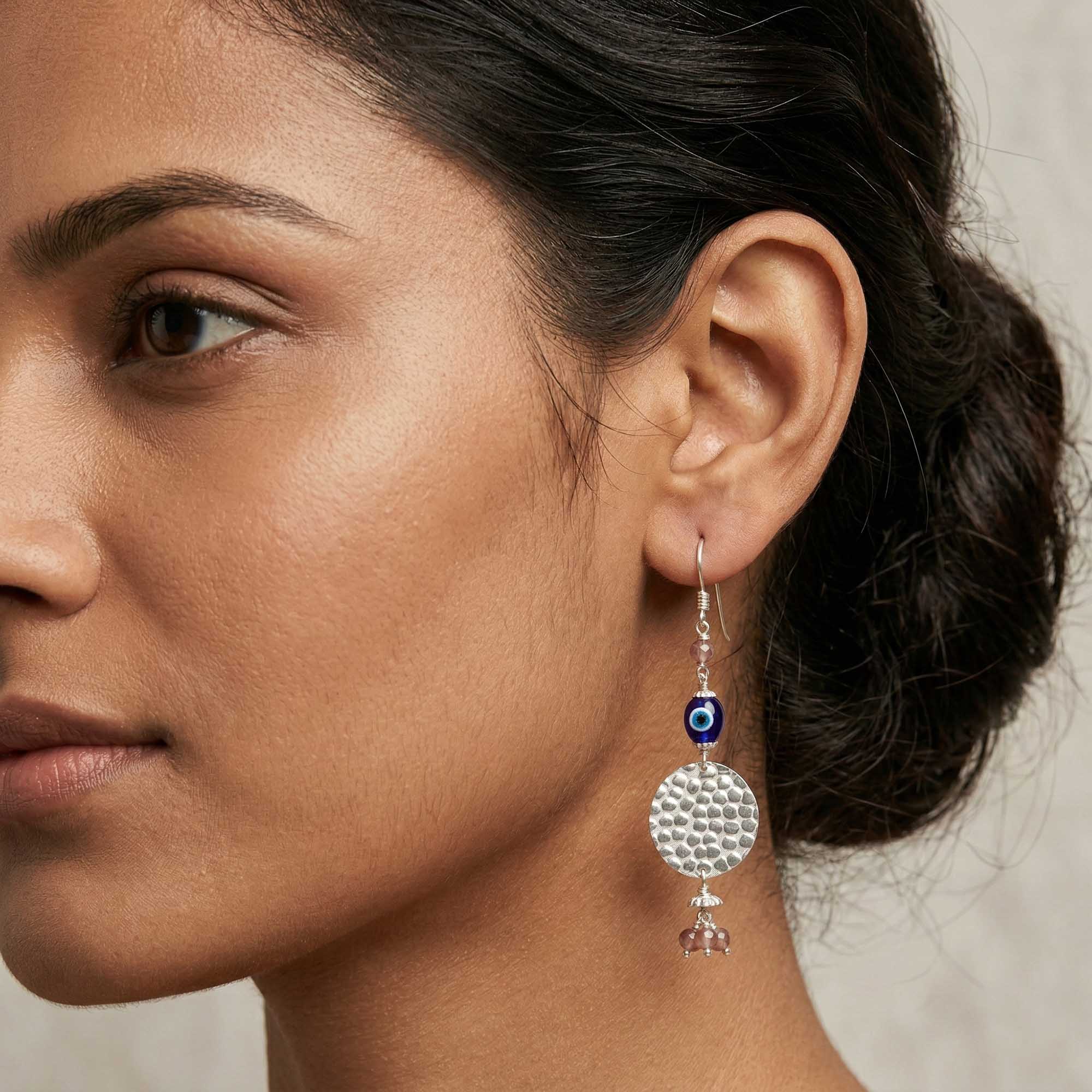 Silver Earrings with Evil Eye and Natural Beads (Design K5-113) thumbnail