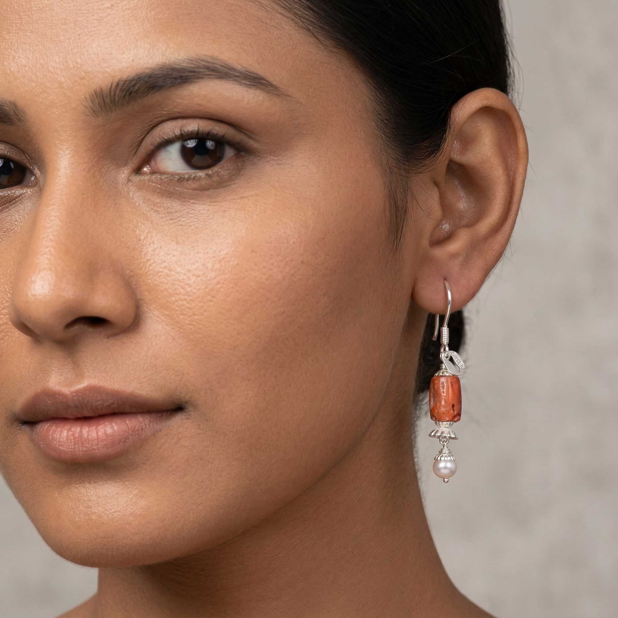 Silver Earrings with Coral and Pearl (Design K5-205) thumbnail