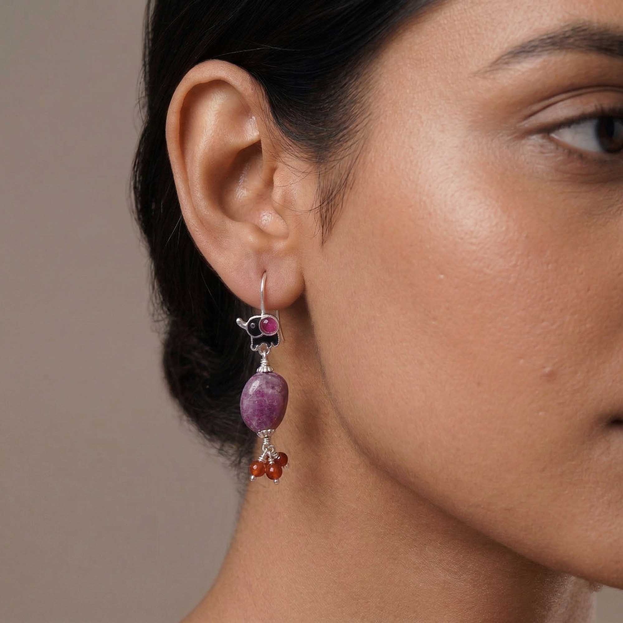 Silver Earrings with Burmese Ruby and Natural Beads (Design K5-220) thumbnail